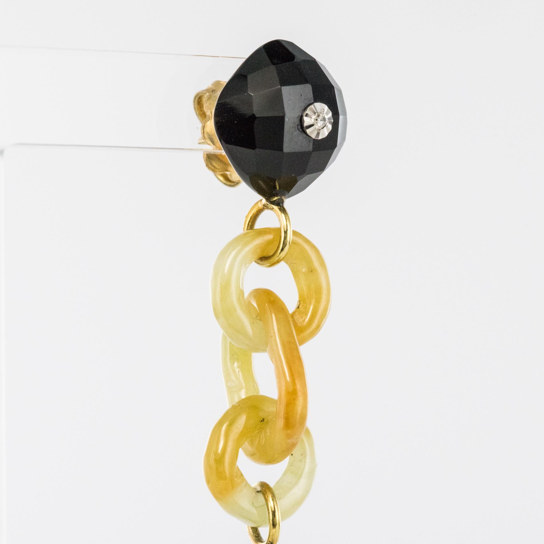 Women's Art Deco Style Onyx Yellow Jade Diamonds 18 Karat Yellow Gold Dangle Earrings