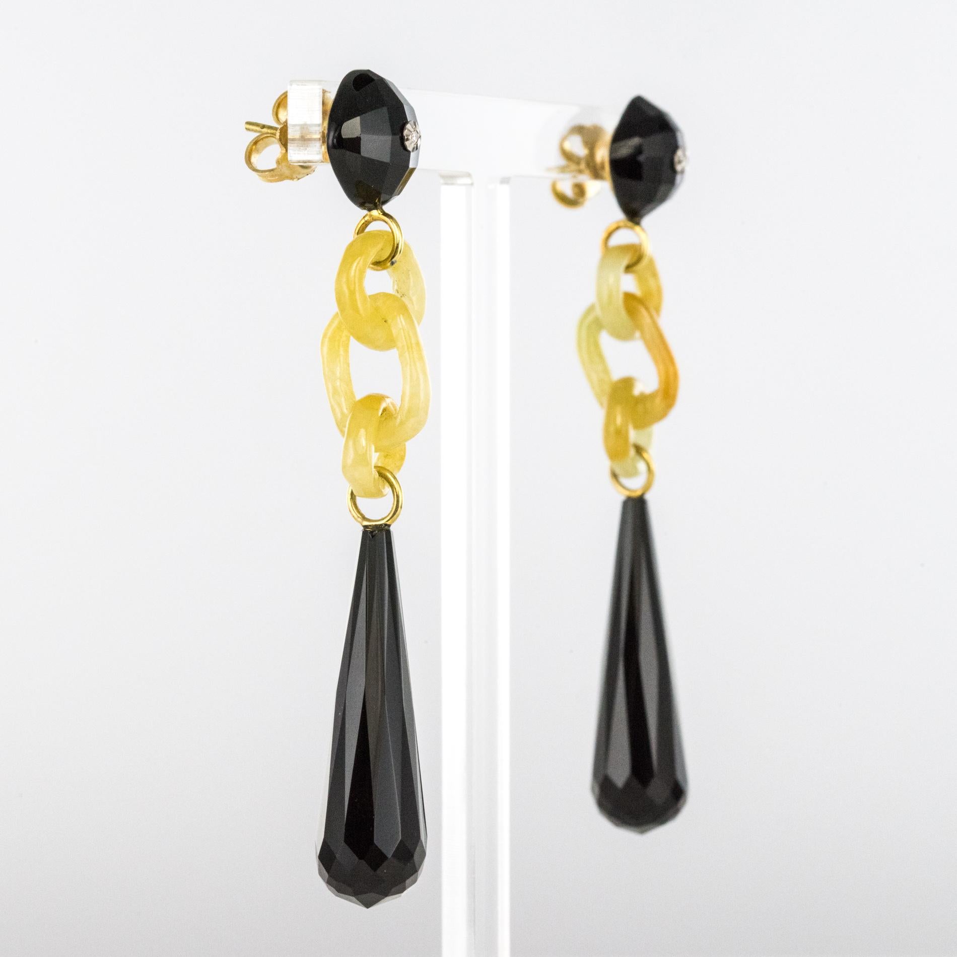 Art Deco Style Onyx Yellow Jade Diamonds 18 Karat Yellow Gold Dangle Earrings 2
