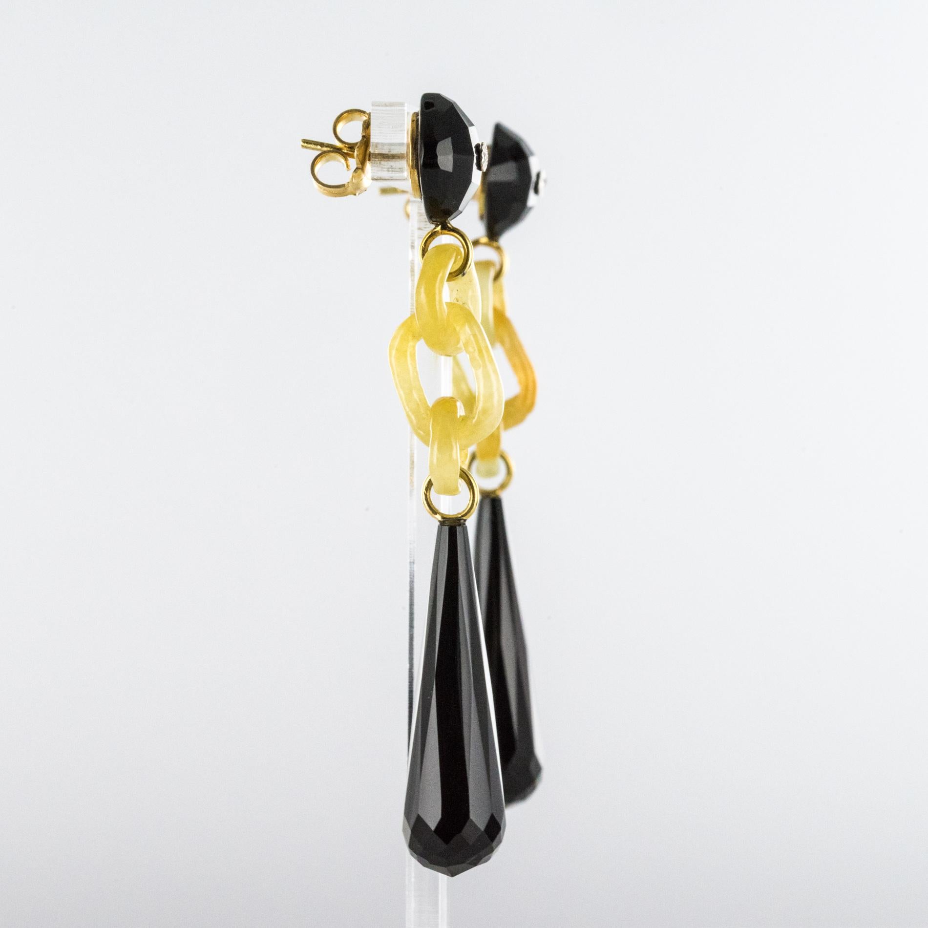 Art Deco Style Onyx Yellow Jade Diamonds 18 Karat Yellow Gold Dangle Earrings 3