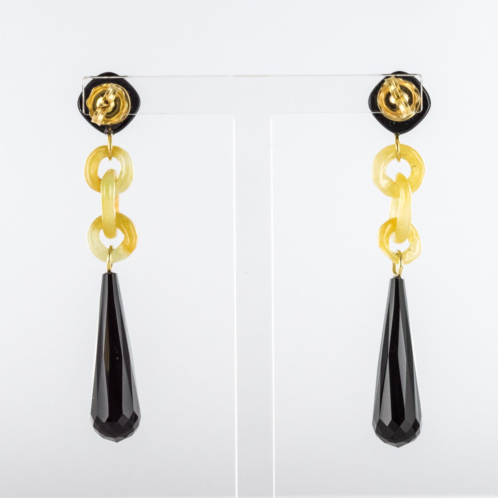 Art Deco Style Onyx Yellow Jade Diamonds 18 Karat Yellow Gold Dangle Earrings 4