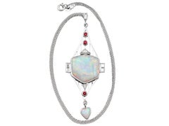 Art Deco Style Opal Diamond and Ruby Pendant in Platinum