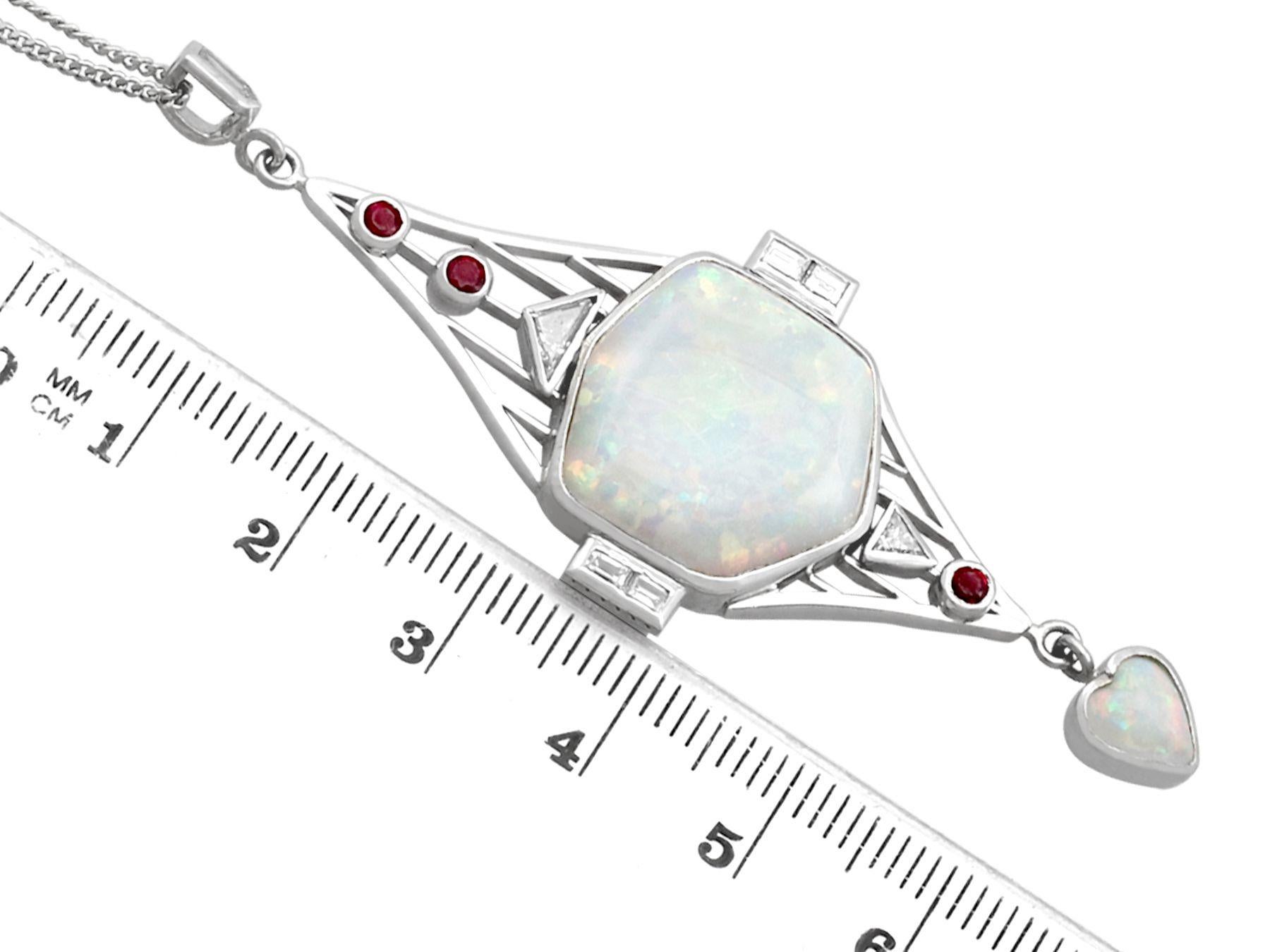 Baguette Cut Art Deco Style Opal Diamond and Ruby Pendant in Platinum For Sale
