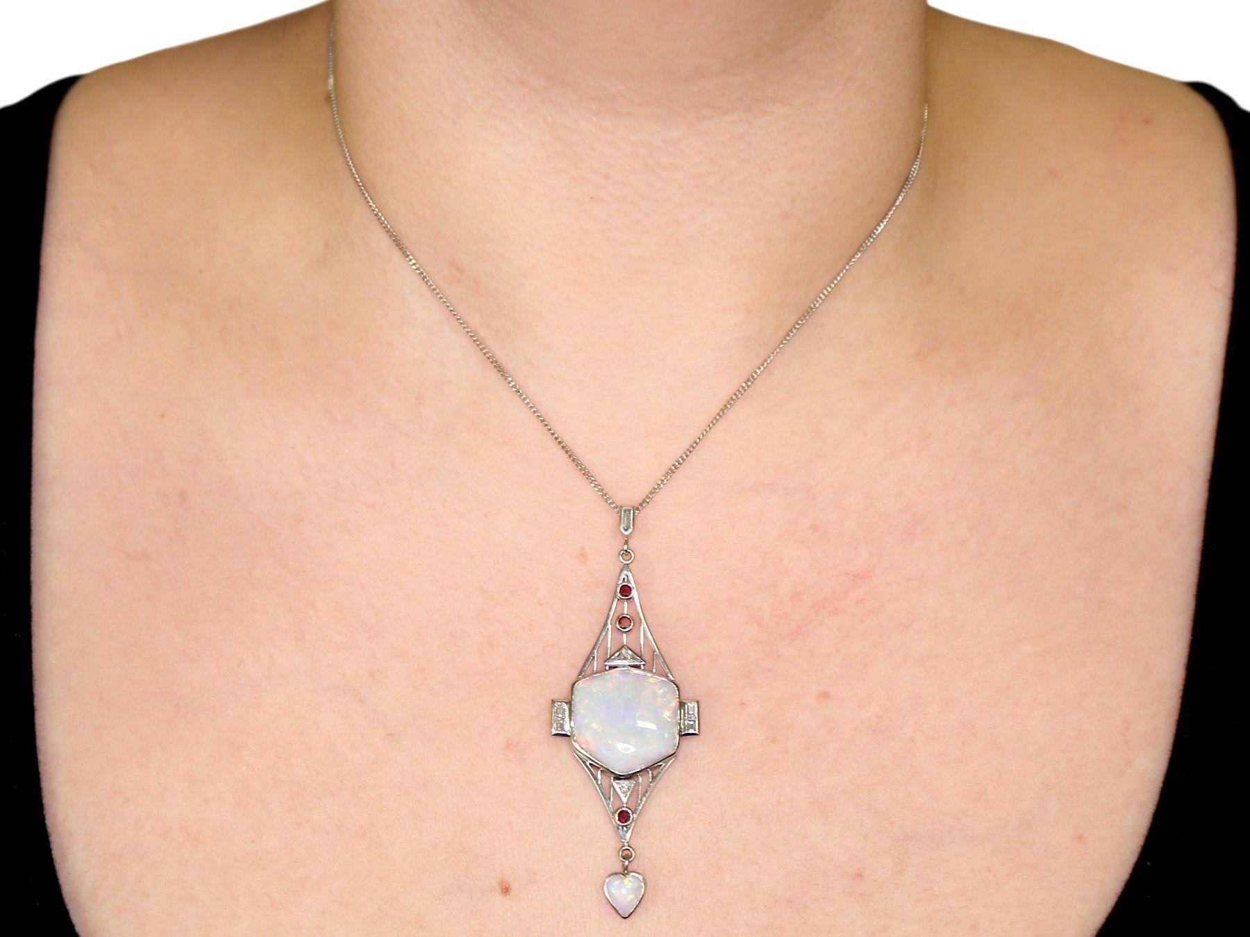 Art Deco Style Opal Diamond and Ruby Pendant in Platinum In Excellent Condition For Sale In Jesmond, Newcastle Upon Tyne