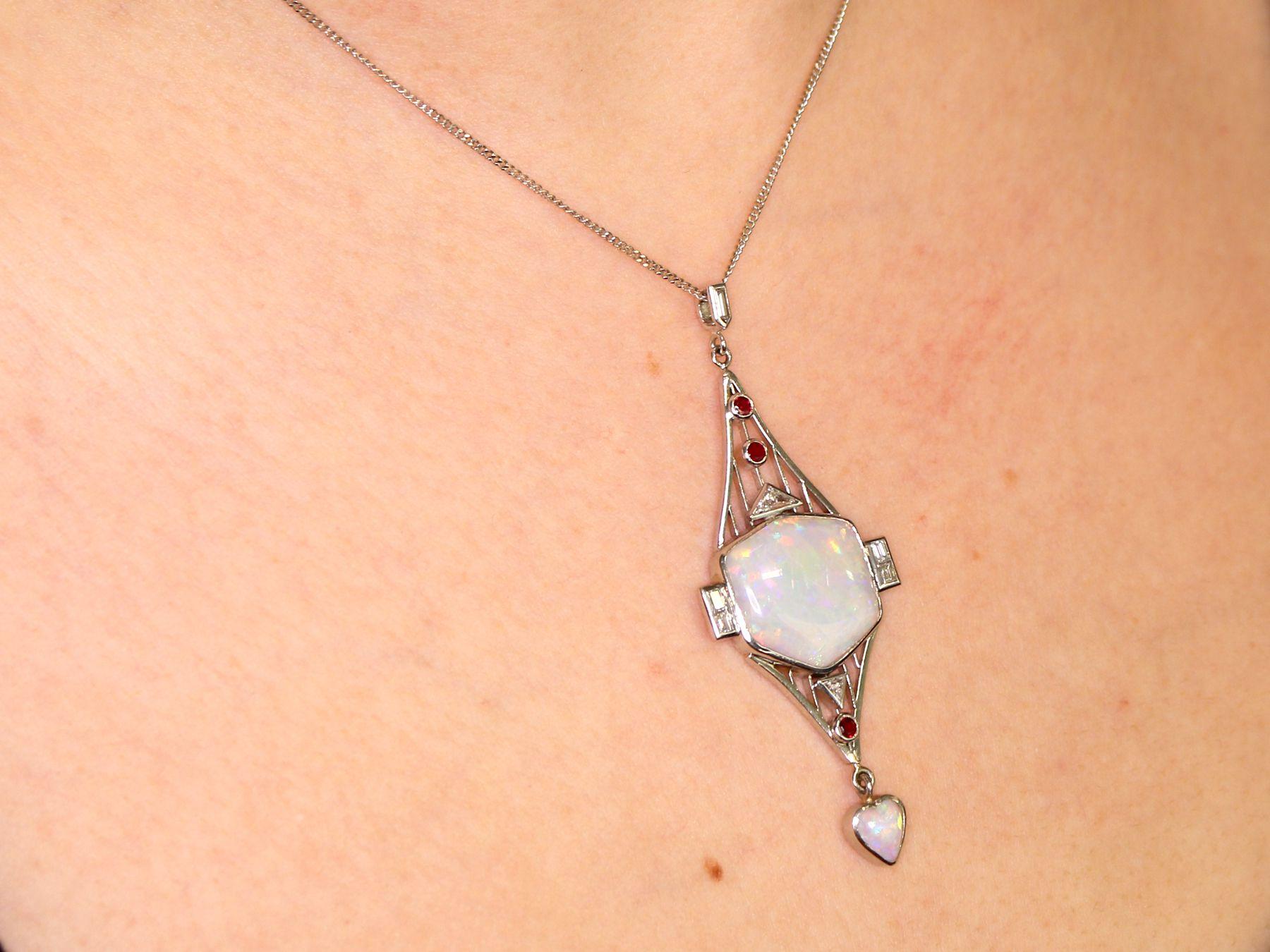 Women's or Men's Art Deco Style Opal Diamond and Ruby Pendant in Platinum For Sale