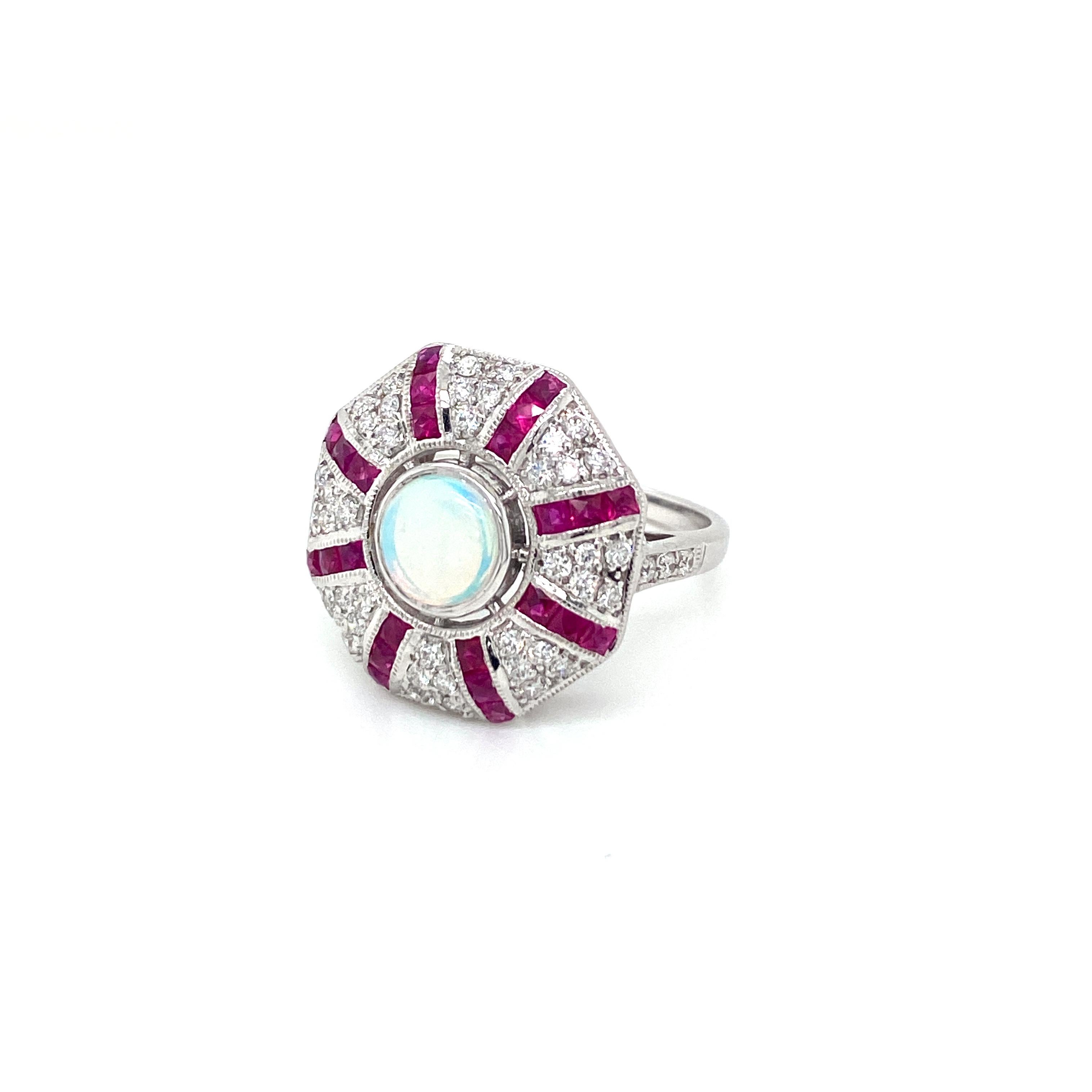 Art Deco Style Opal Diamond Ruby Cocktail Ring Estate Fine Jewelry 5
