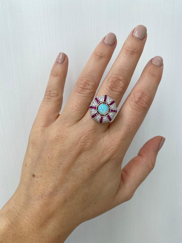 Art Deco Style Opal Diamond Ruby Cocktail Ring Estate Fine Jewelry 6