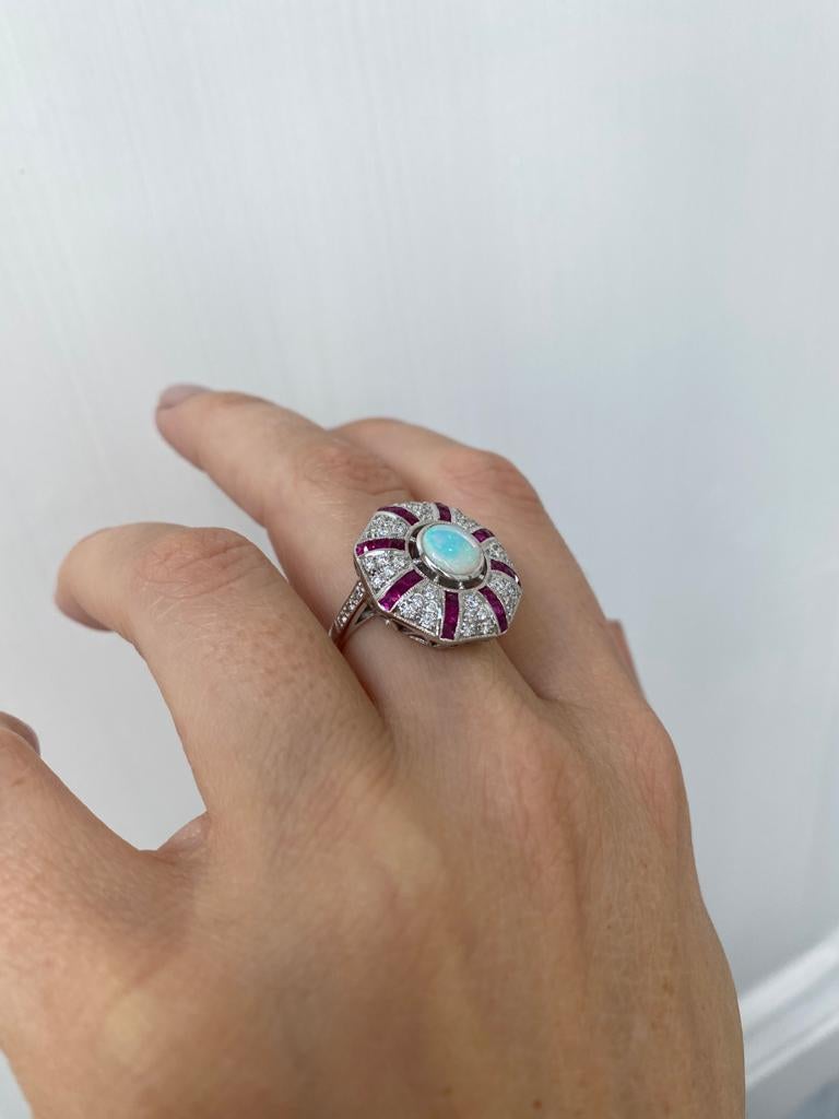 Art Deco Style Opal Diamond Ruby Cocktail Ring Estate Fine Jewelry 7