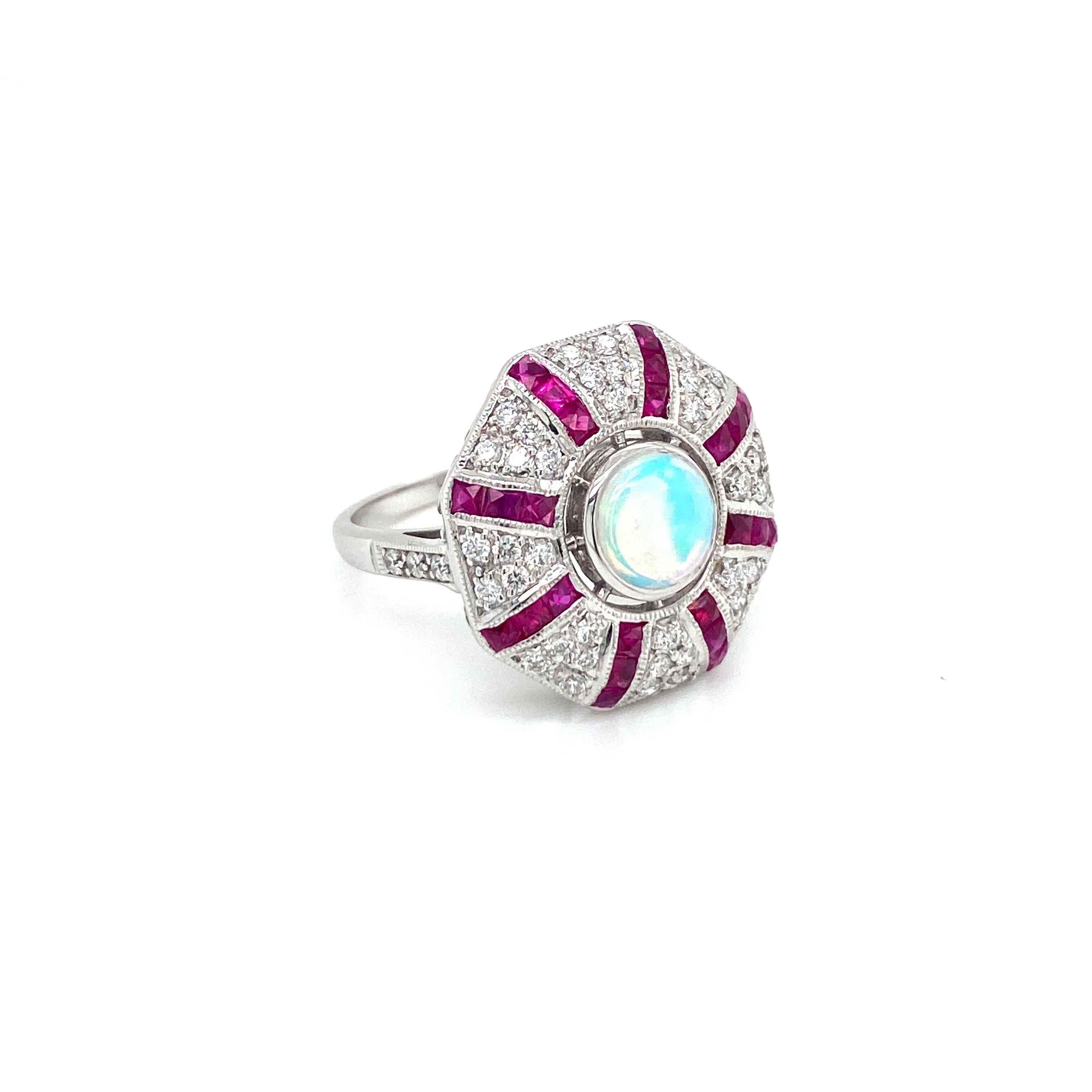 Mixed Cut Art Deco Style Opal Diamond Ruby Cocktail Ring Estate Fine Jewelry