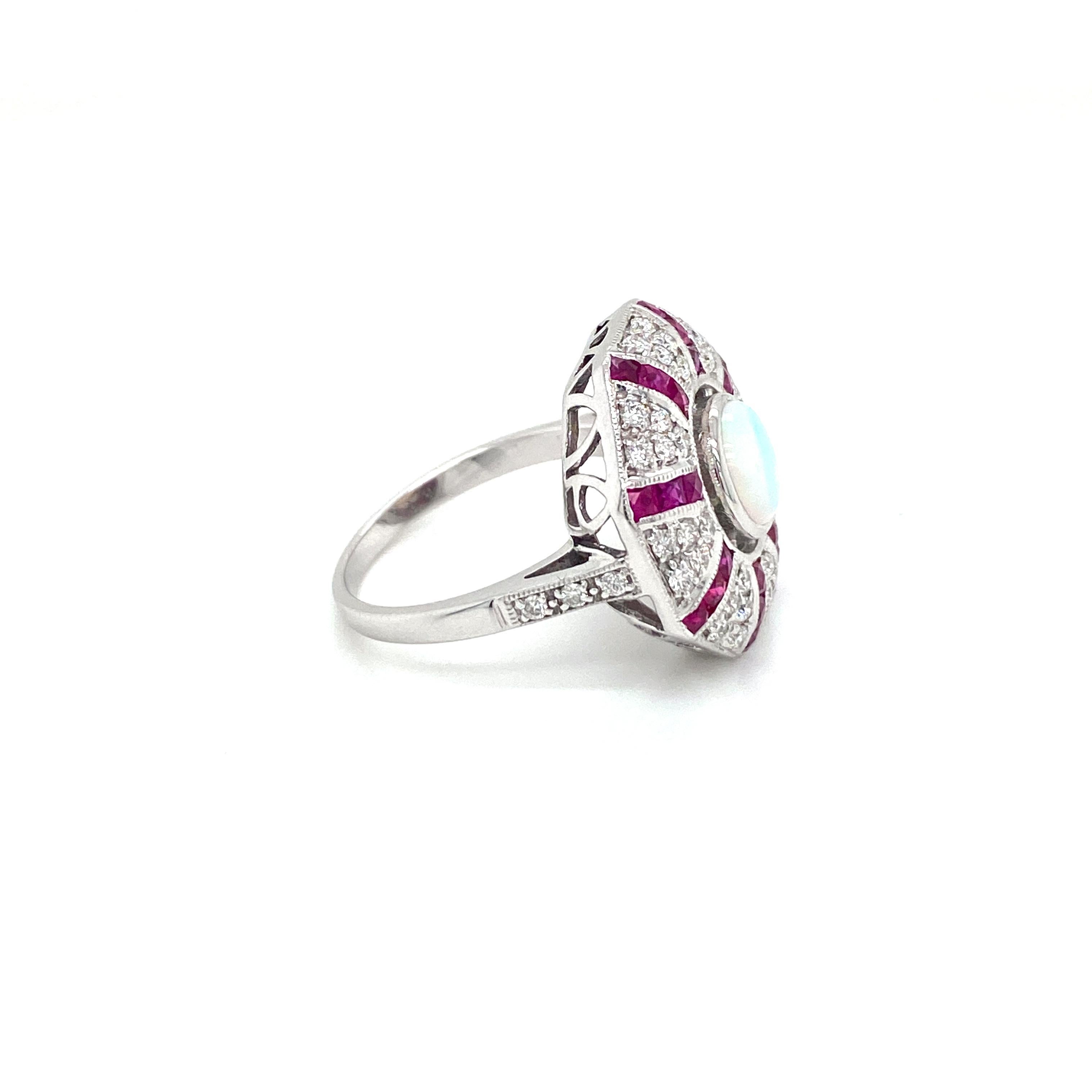 Women's or Men's Art Deco Style Opal Diamond Ruby Cocktail Ring Estate Fine Jewelry