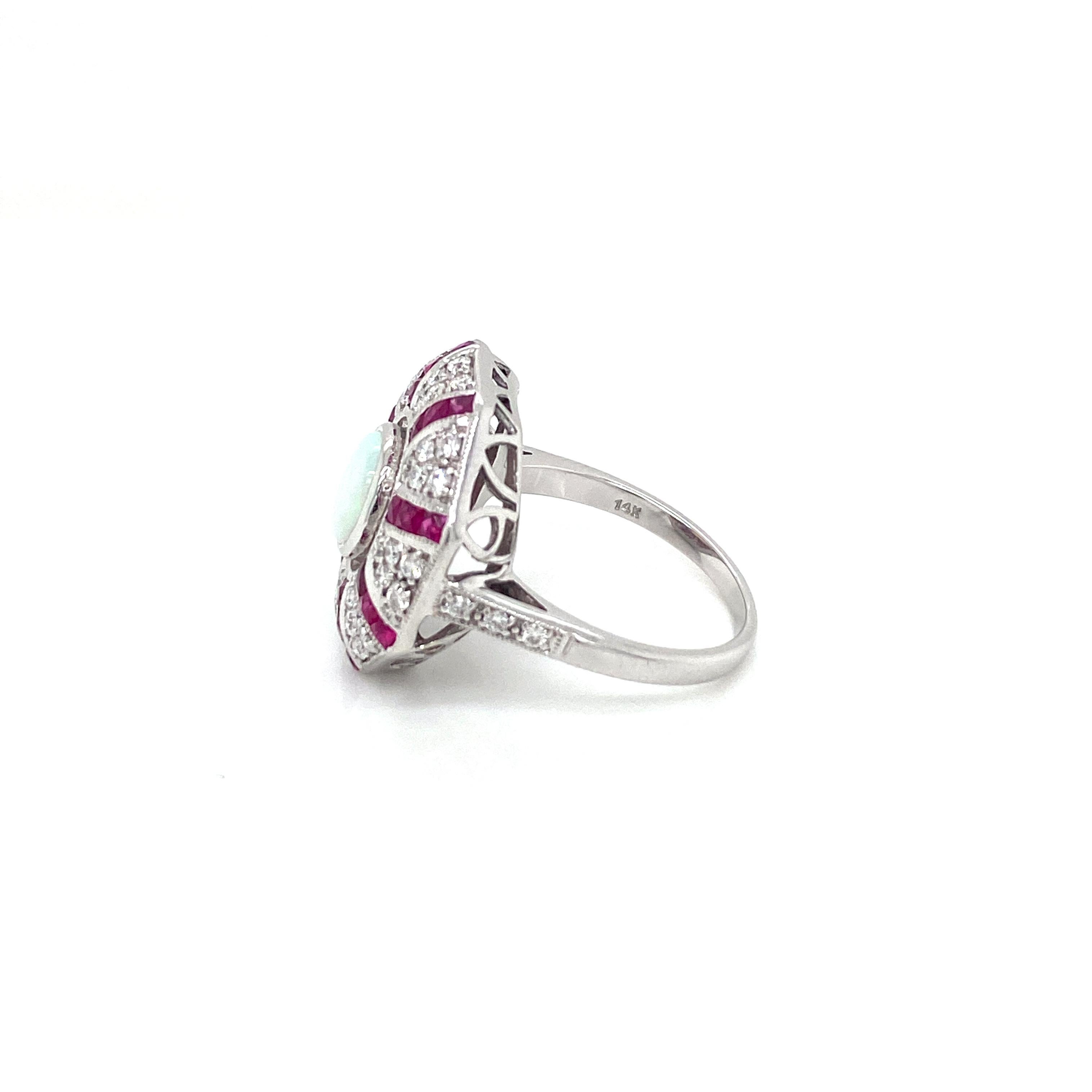 Art Deco Style Opal Diamond Ruby Cocktail Ring Estate Fine Jewelry 2