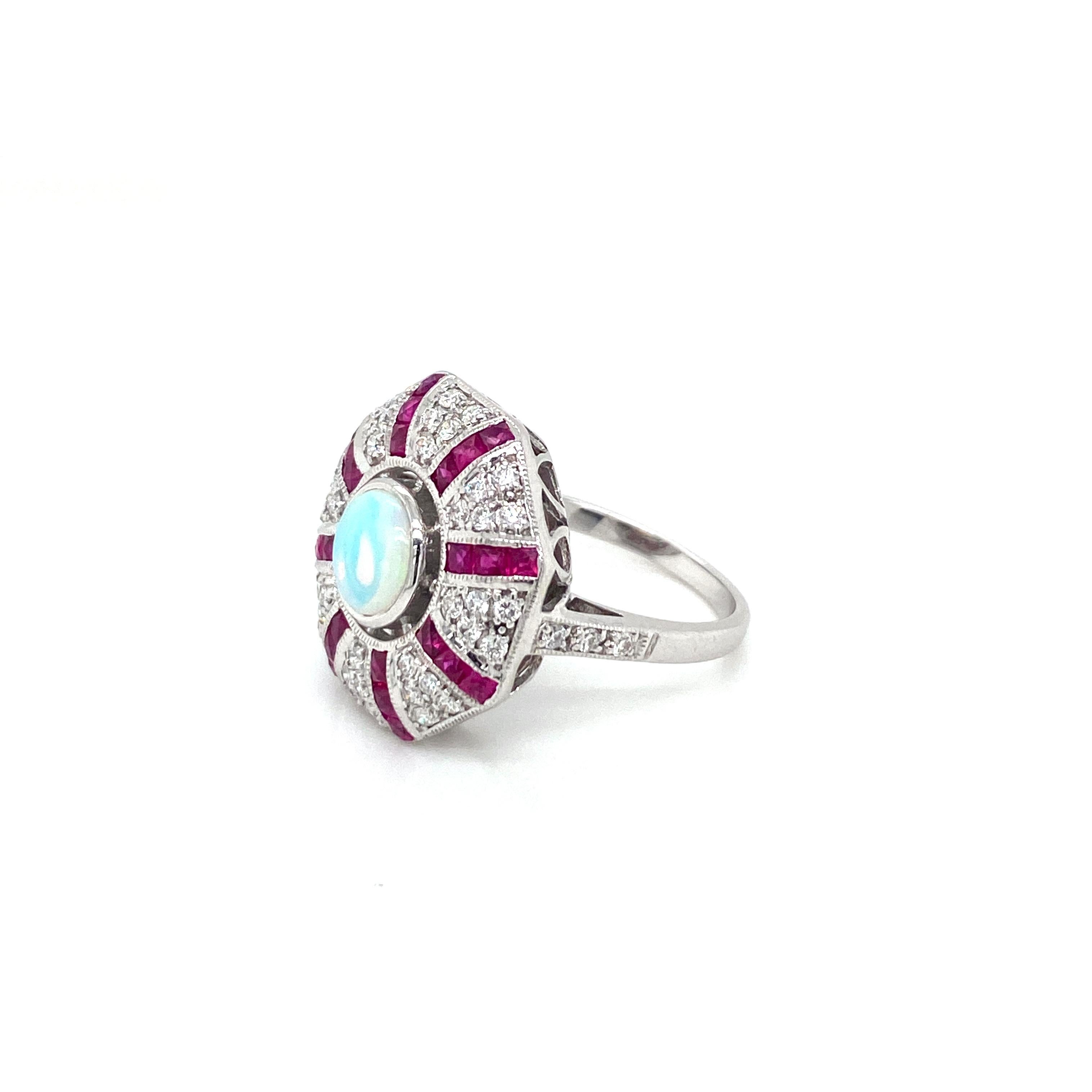 Art Deco Style Opal Diamond Ruby Cocktail Ring Estate Fine Jewelry 3