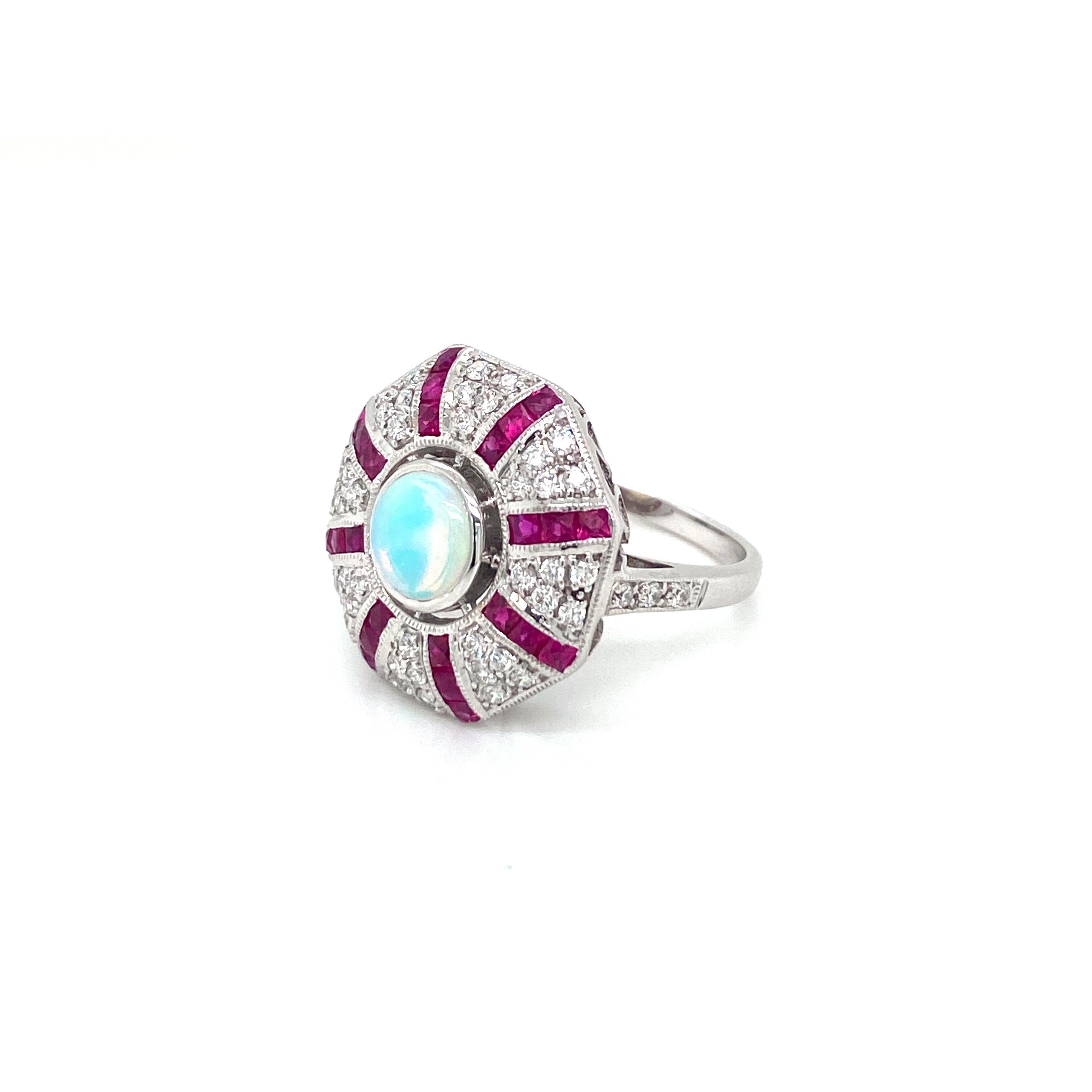 Art Deco Style Opal Diamond Ruby Cocktail Ring Estate Fine Jewelry 4