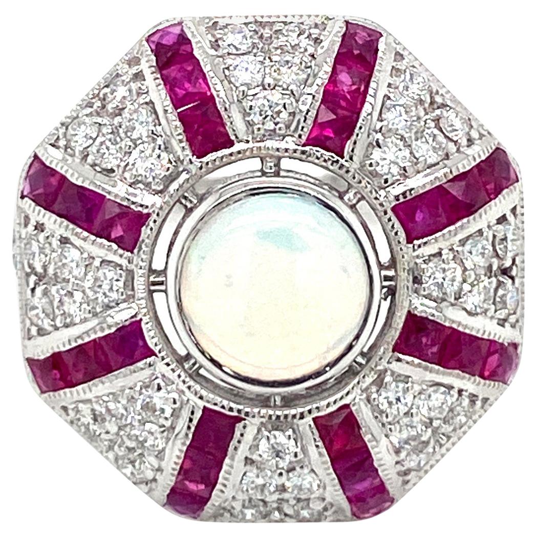 Art Deco Style Opal Diamond Ruby Cocktail Ring Estate Fine Jewelry