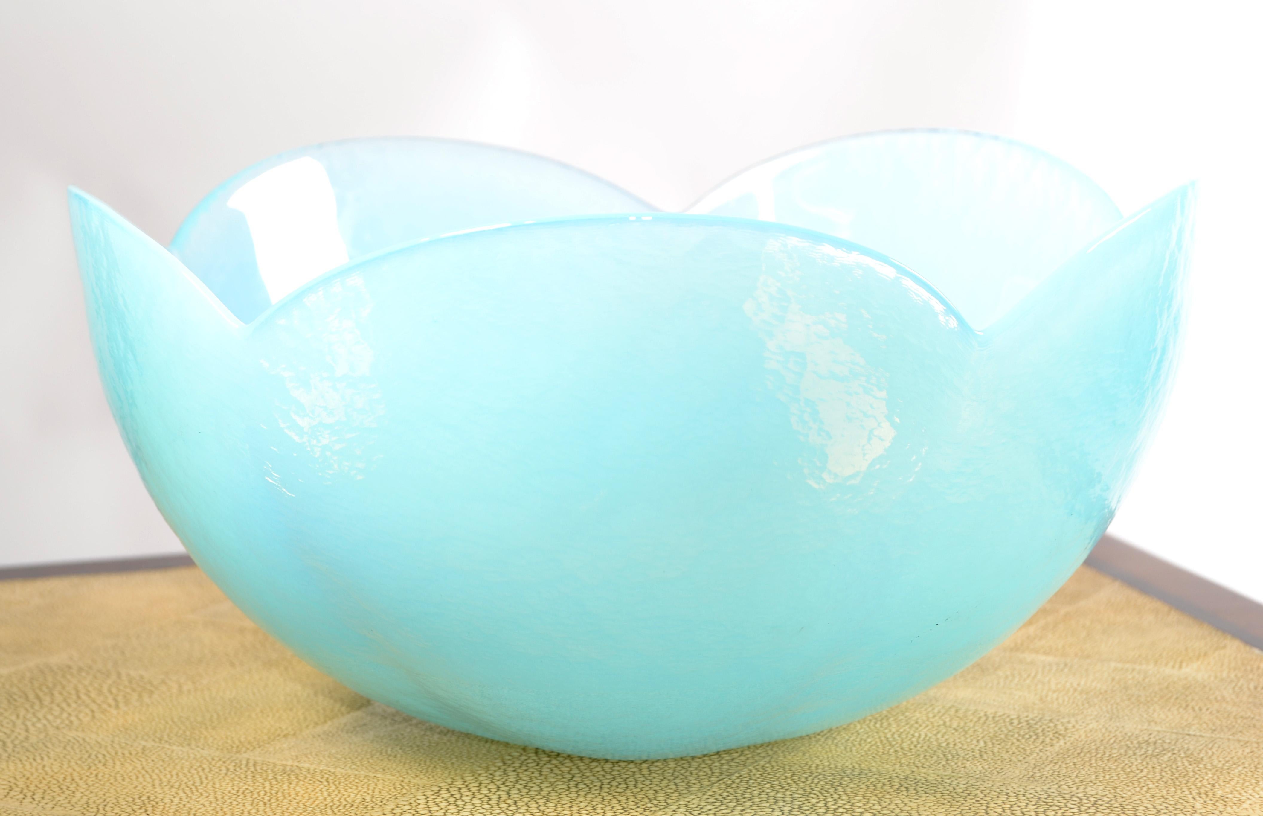 20th Century Art Deco Style Opaline Glass Baby Blue Translucent Serving Bowl For Sale