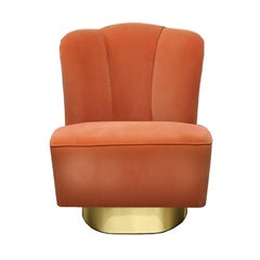 Organic Modern Art Deco Orange Velvet & Brass Monti Accent chair Handcrafted