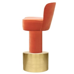Organic Modern Art Deco Orange Velvet and Brass Monti Bar Stool Handcrafted