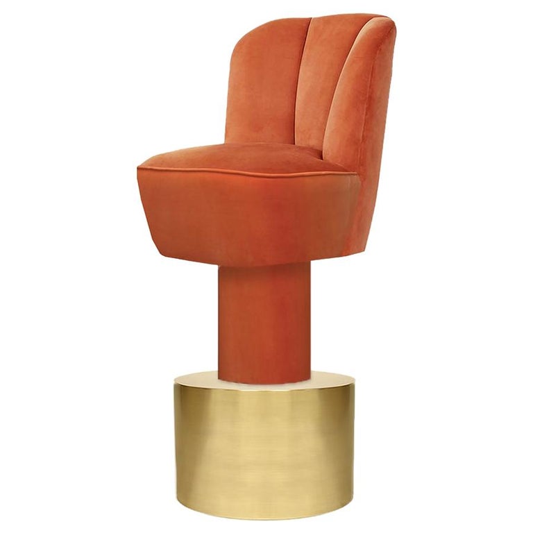 Art Deco Style Orange Velvet and Brass Base Bar Stool Monti For Sale at 1stDibs