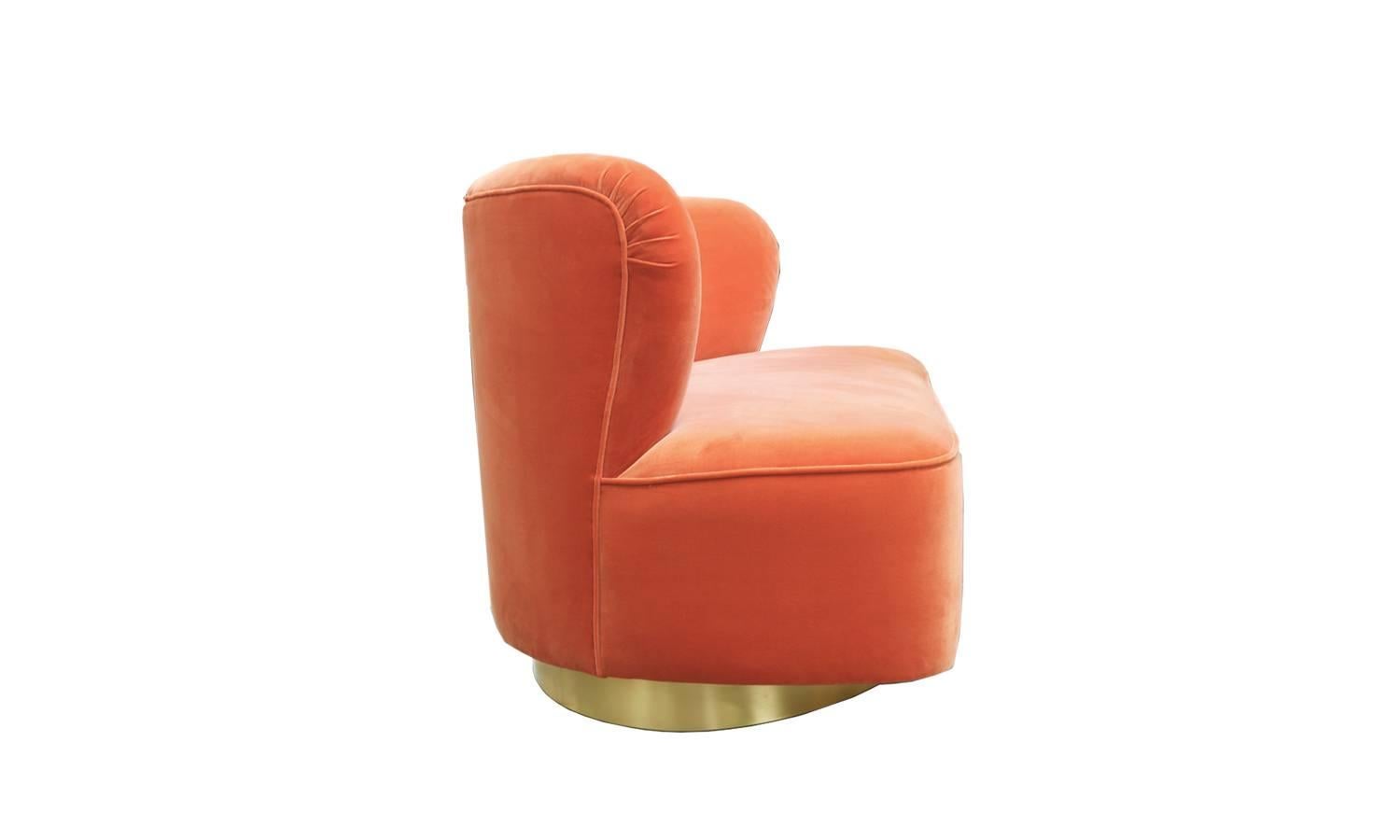 European Organic Modern Art Deco Orange Velvet & Brass Monti Loveseat Sofa Handcrafted  For Sale
