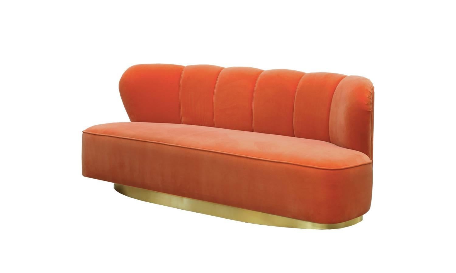 Polished Organic Modern Art Deco Orange Velvet & Brass Monti Loveseat Sofa Handcrafted For Sale