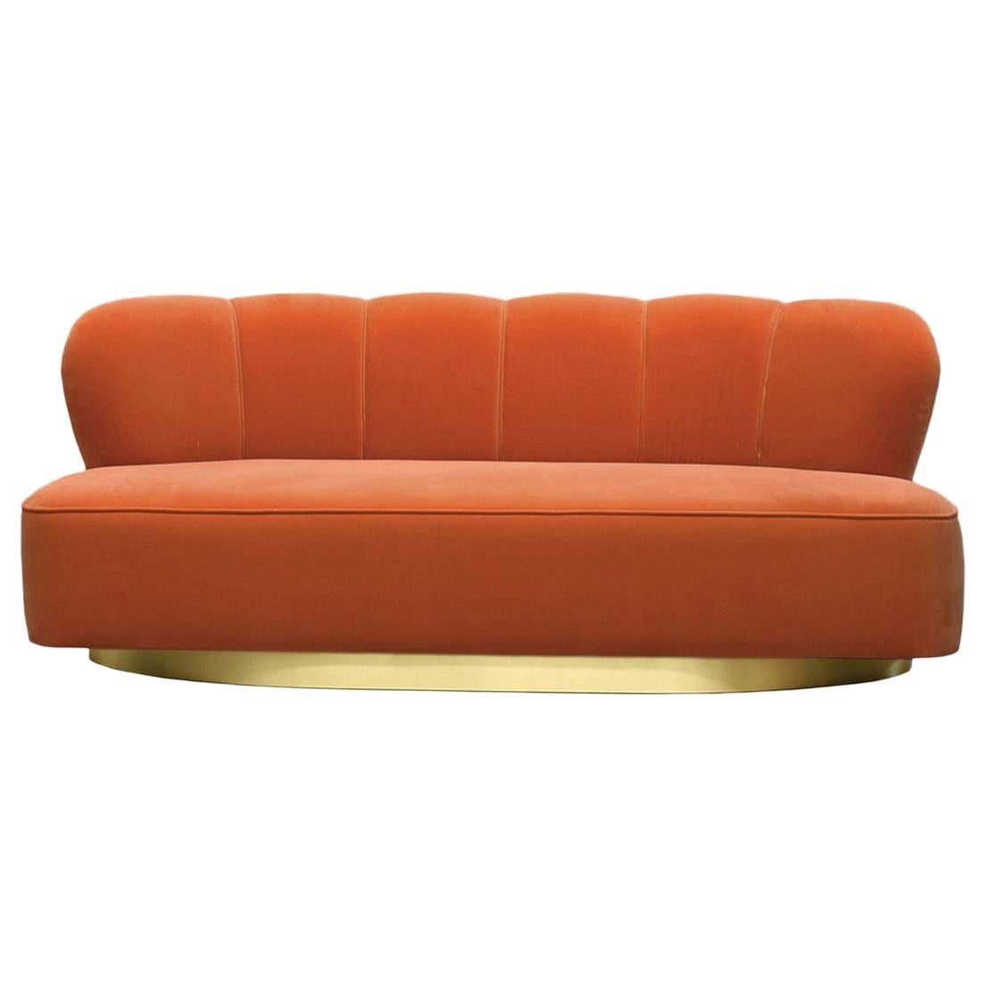 Modern Art Deco Orange Velvet & Brass Monti Loveseat Sofa Handcrafted and Custom