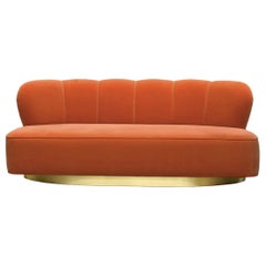 Organic Modern Art Deco Orange Velvet & Brass Monti Loveseat Sofa Handcrafted 