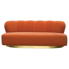 Organic Modern Art Deco Orange Velvet & Brass Monti Loveseat Sofa Handcrafted