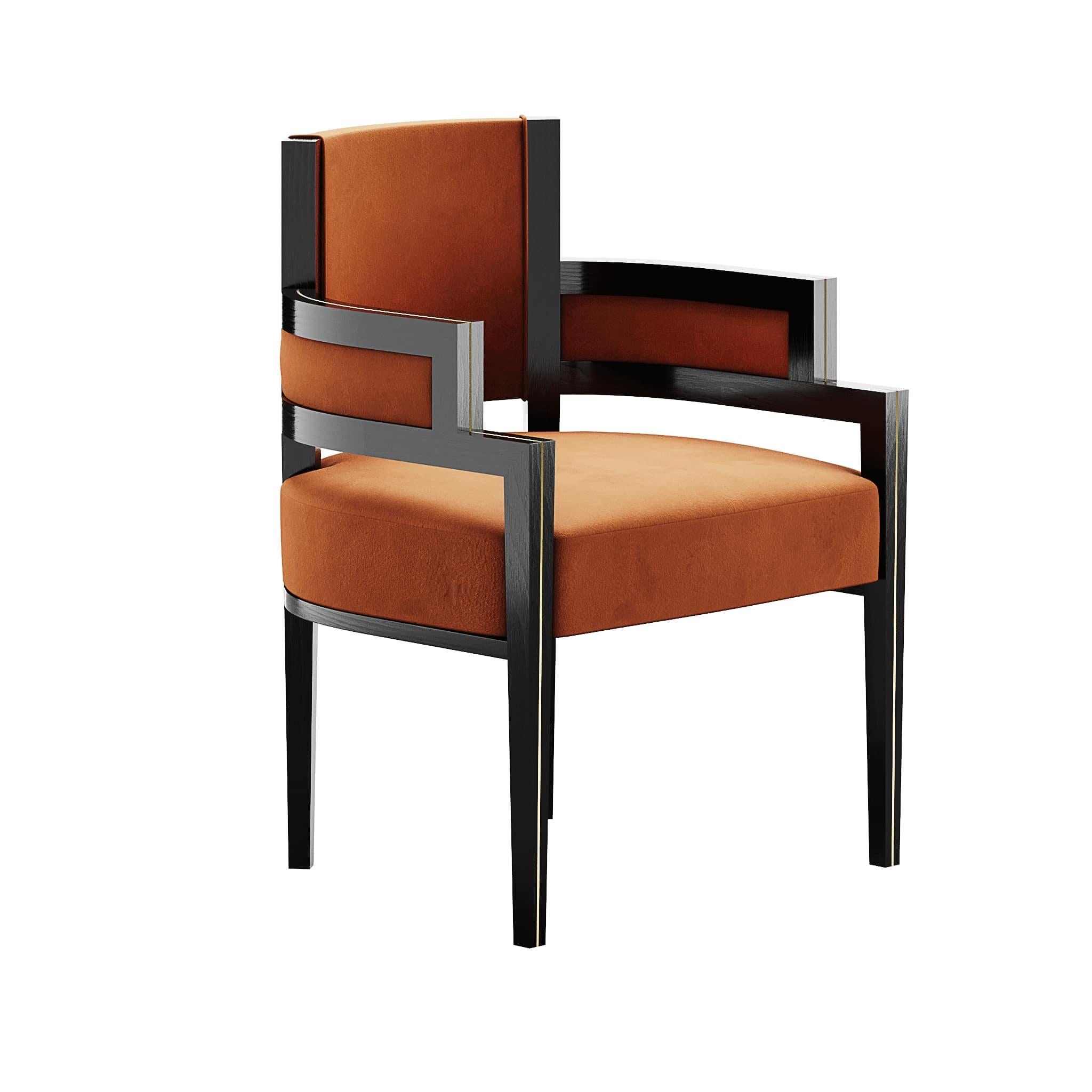 Pina Chair Iron est une chaise de salle à manger de style Art déco dont la forme offre le meilleur confort aux convives. Elle est recouverte d'un velours orange chaud et d'une structure en bois moderne. Parfait pour les projets de salle à manger