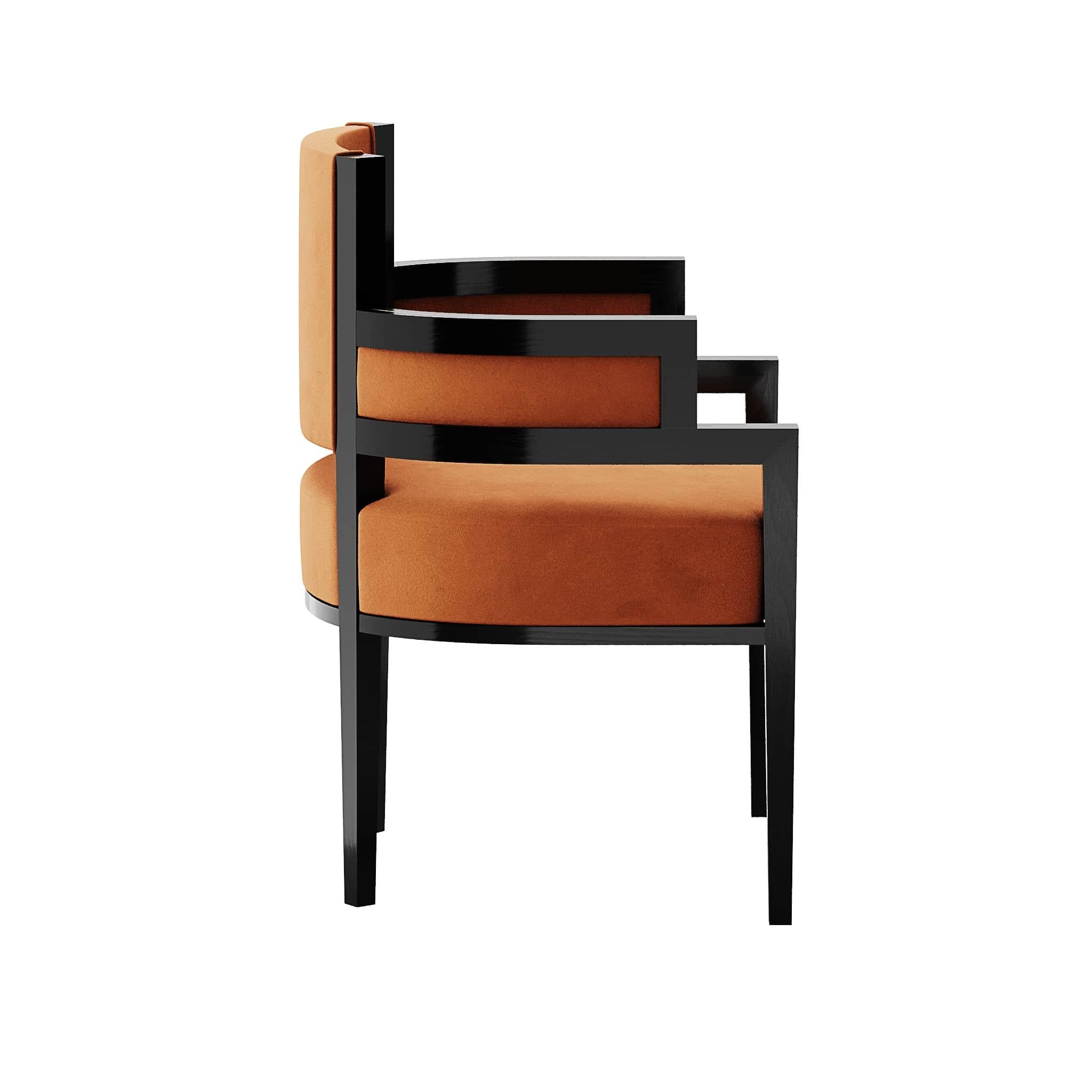 Portuguese Art Deco Style Orange Velvet Upholstery Chair Dining Room Chair Brass Detail For Sale