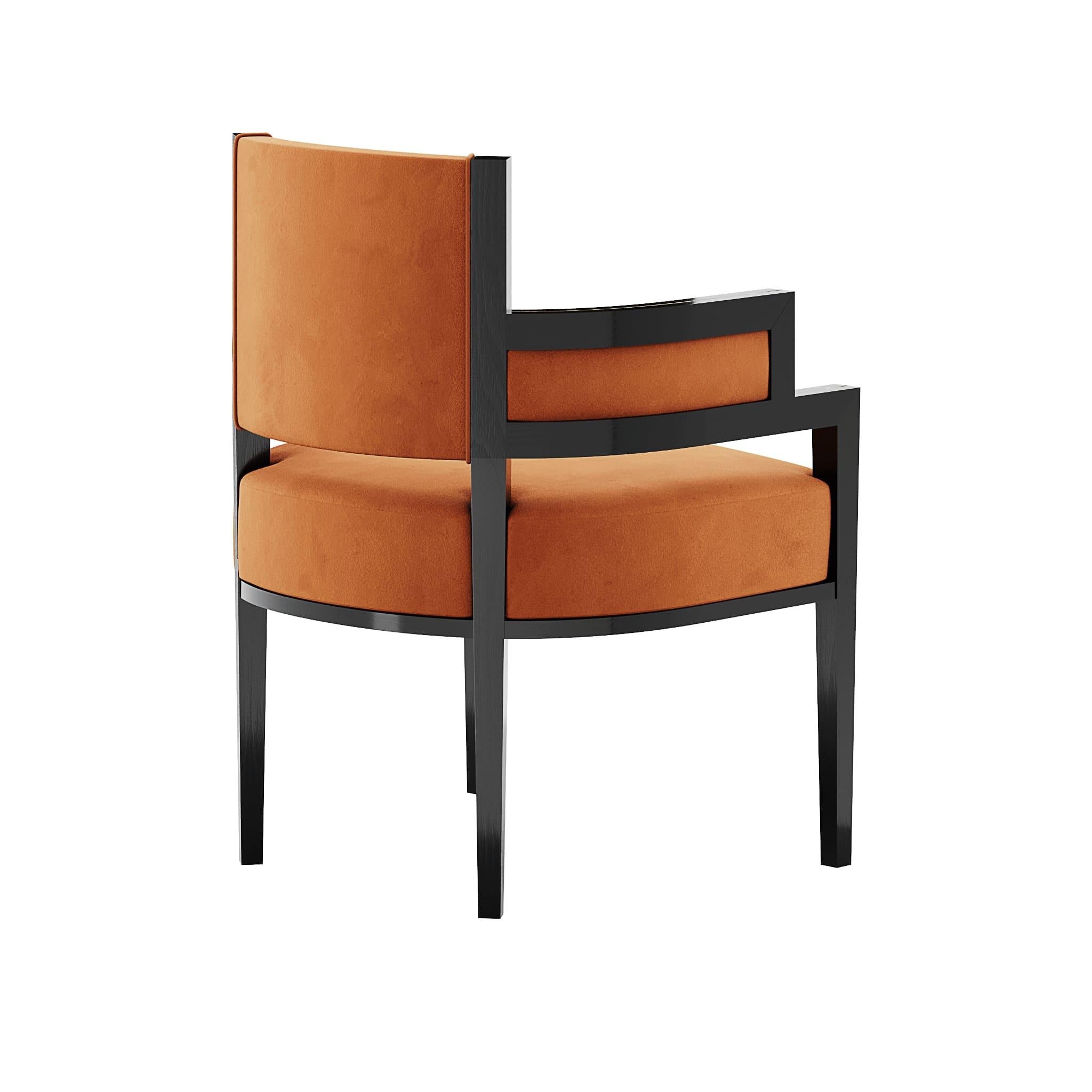 Portugais Chaise Art Déco en velours orange Chaise de salle à manger Détail en laiton en vente