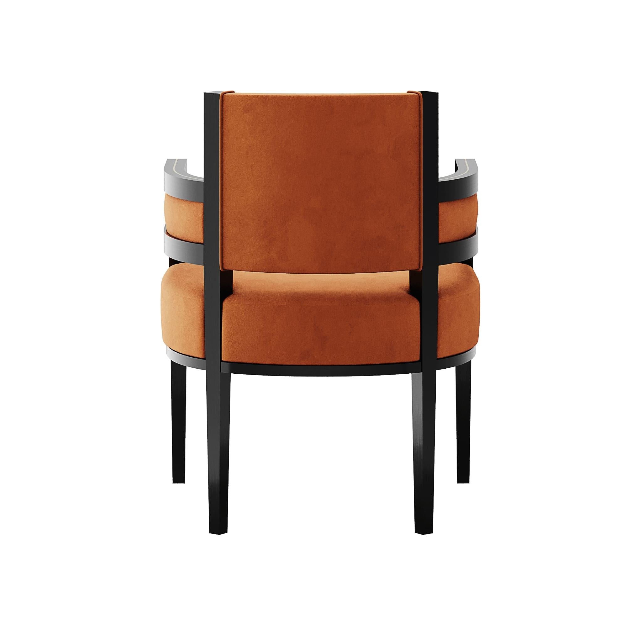 Contemporary Art Deco Style Orange Velvet Upholstery Chair Dining Room Chair Brass Detail For Sale