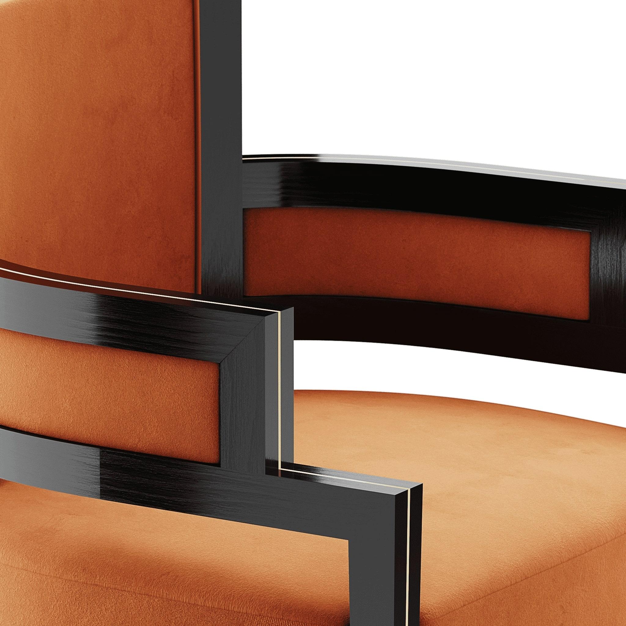 Fabric Art Deco Style Orange Velvet Upholstery Chair Dining Room Chair Brass Detail For Sale