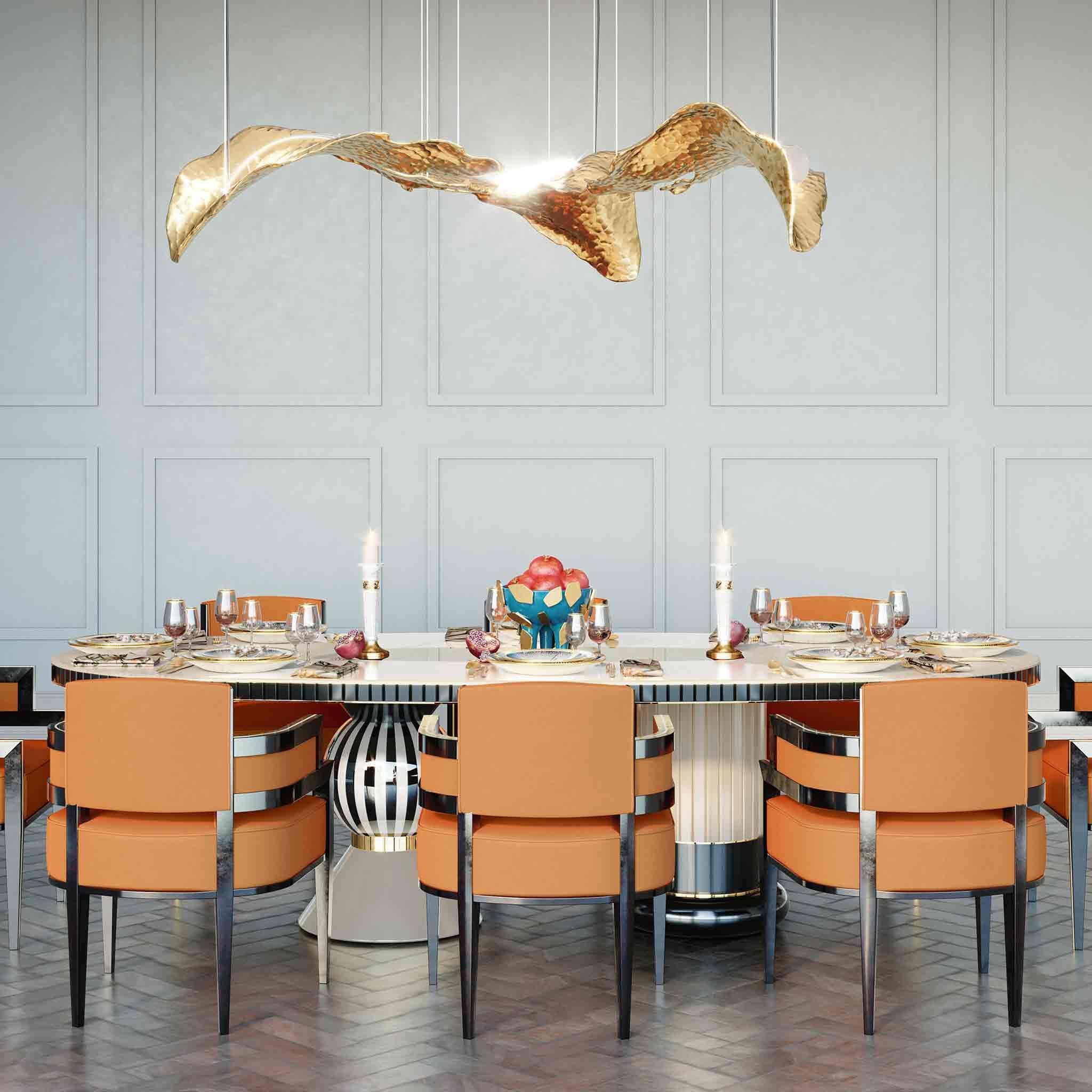 Art Deco Style Orange Velvet Upholstery Chair Dining Room Chair Brass Detail For Sale 1