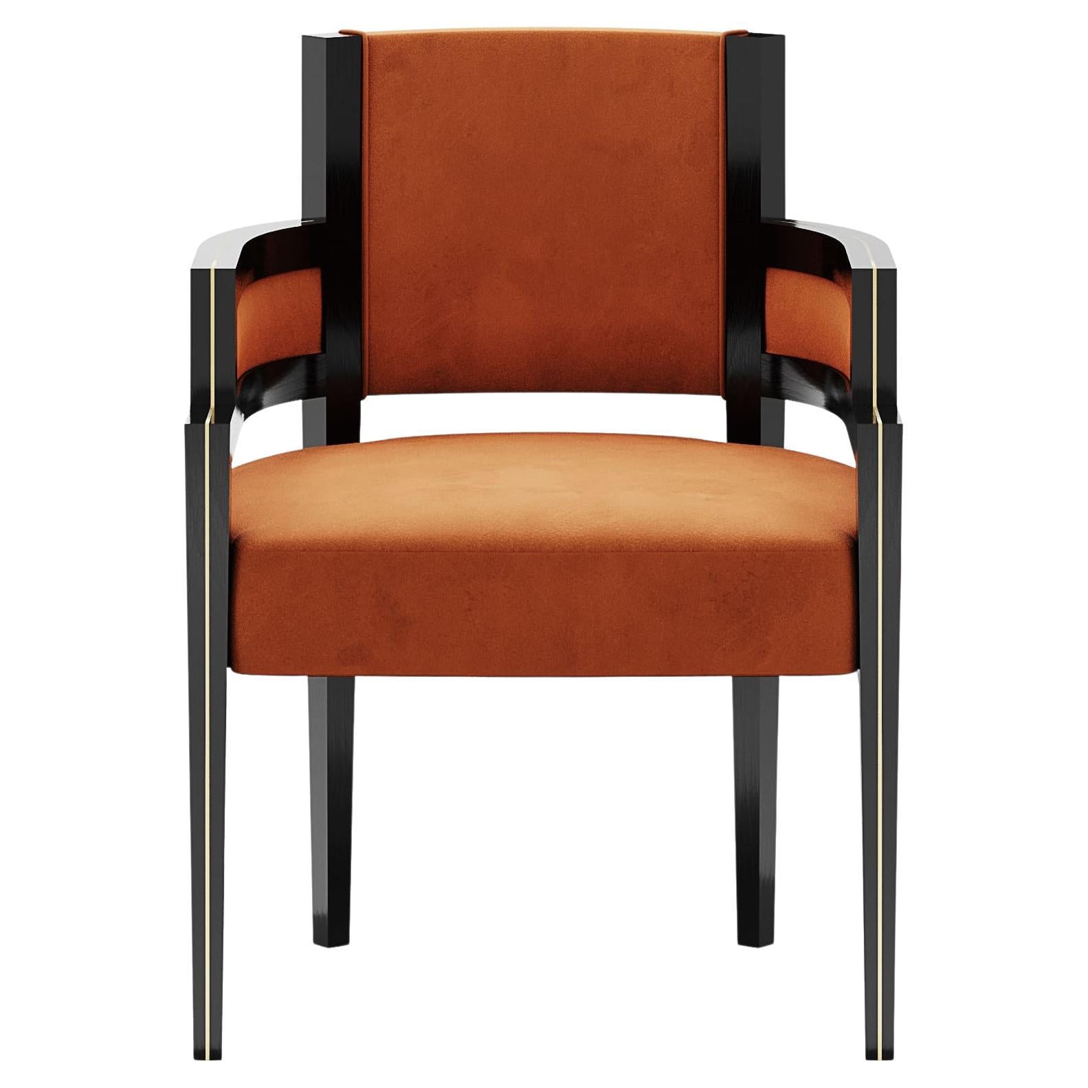 Art Deco Style Orange Velvet Upholstery Chair Dining Room Chair Brass Detail