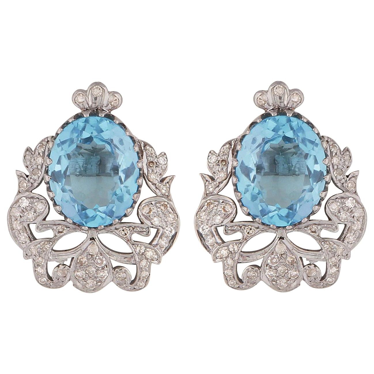 Art Deco Style Ornate Stud Earrings with Blue Topaz and Diamonds