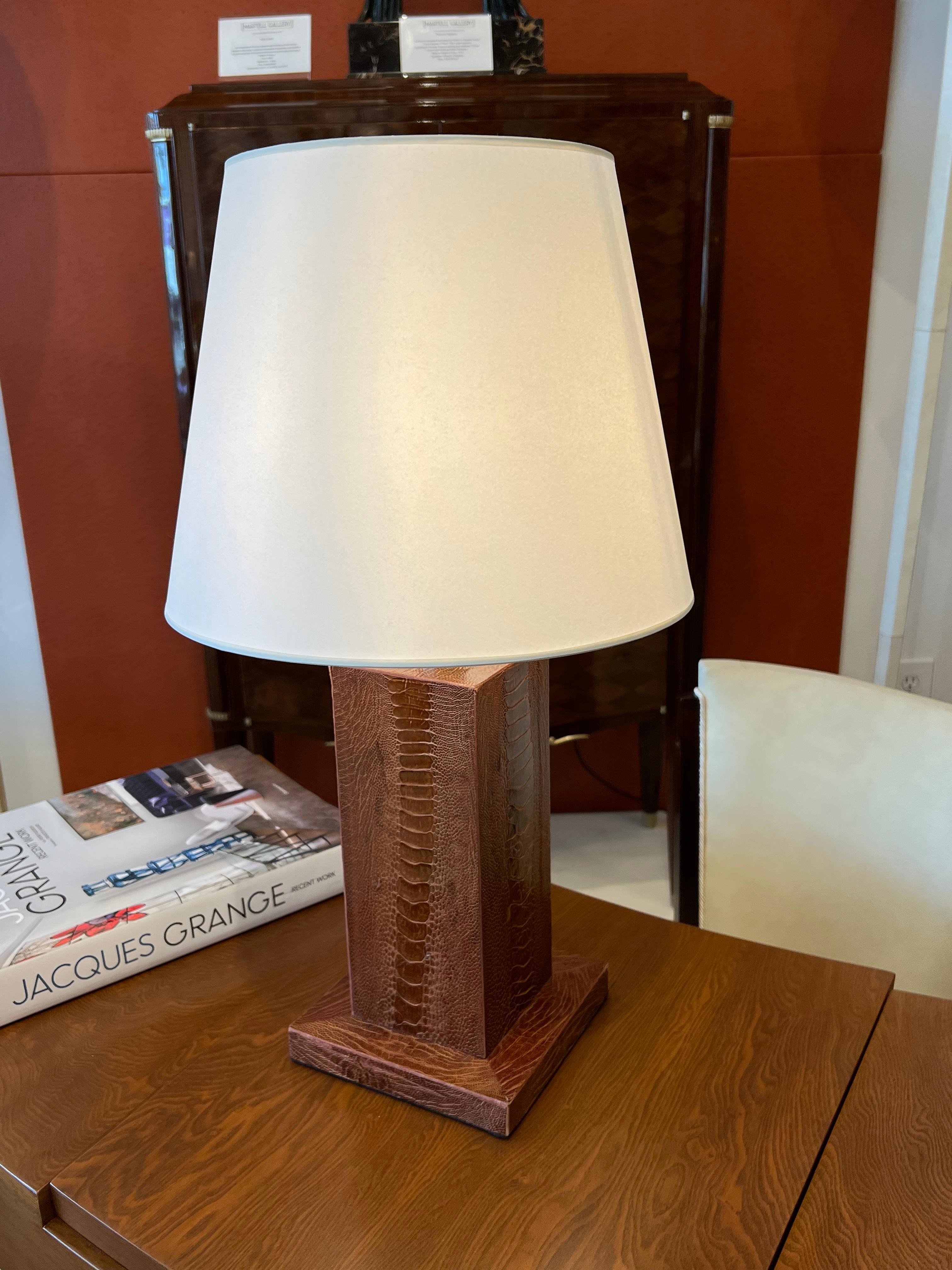 A Beautiful French table lamp in Ostrich Leather.
Made in France
Circa: 1990