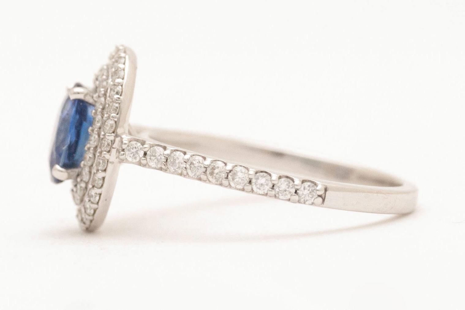 Contemporary Art Deco Style Oval Blue Sapphire Halo Pave Diamonds White Gold Engagement Ring