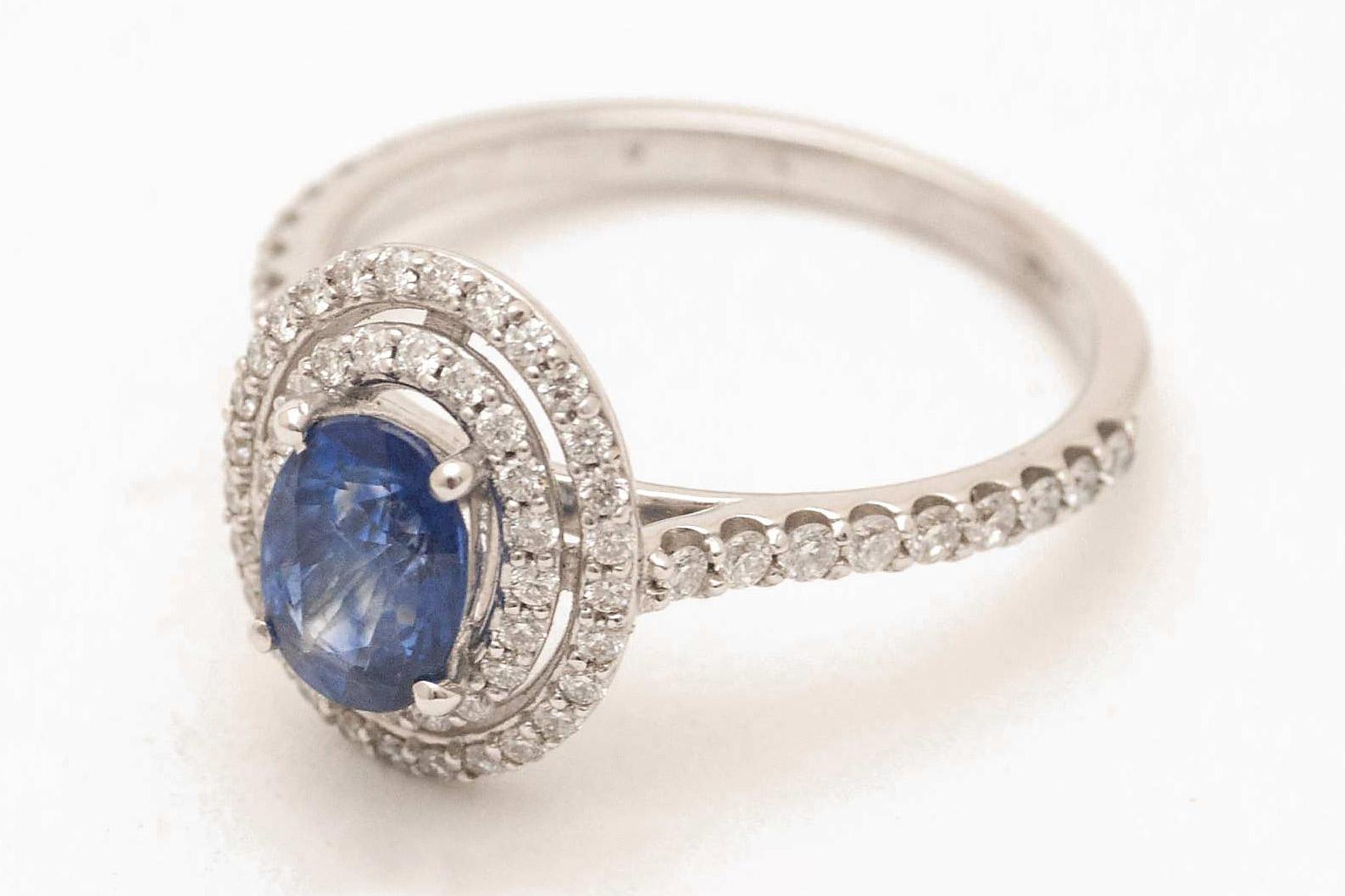 Oval Cut Art Deco Style Oval Blue Sapphire Halo Pave Diamonds White Gold Engagement Ring