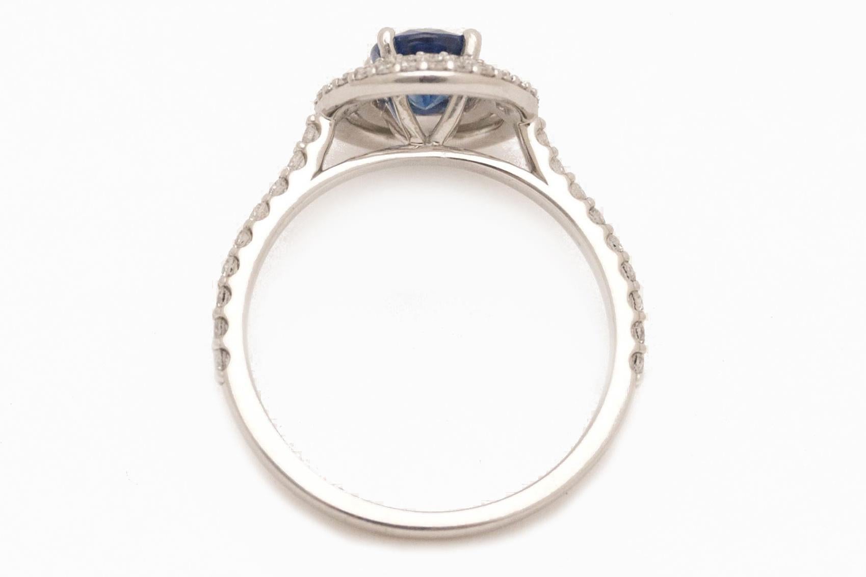 Art Deco Style Oval Blue Sapphire Halo Pave Diamonds White Gold Engagement Ring In Good Condition In Santa Barbara, CA