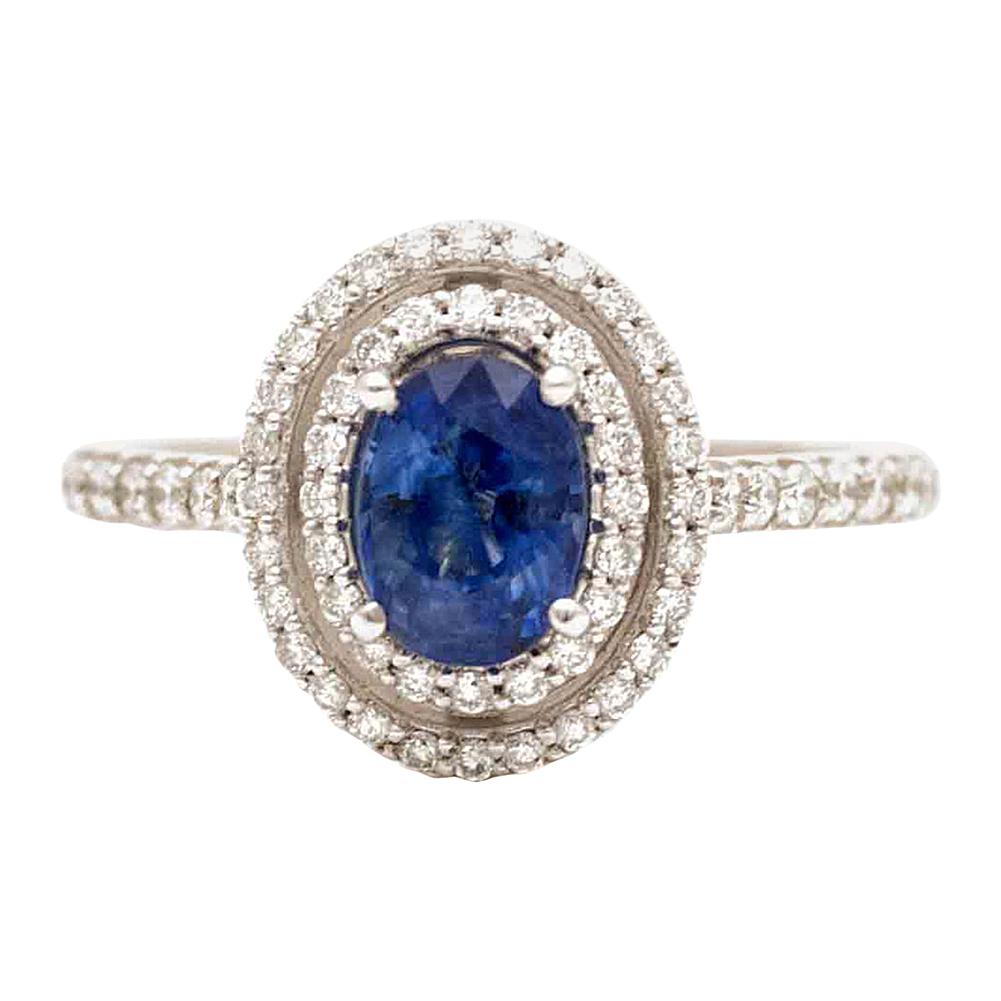 Art Deco Style Oval Blue Sapphire Halo Pave Diamonds White Gold ...