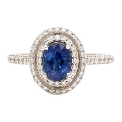 Art Deco Style Oval Blue Sapphire Halo Pave Diamonds White Gold Engagement Ring