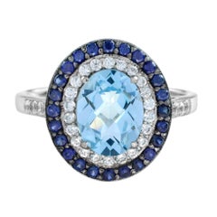 Art Deco Stil Oval Blauer Topas Blauer Saphir Diamant Double Halo Weißgold Ring