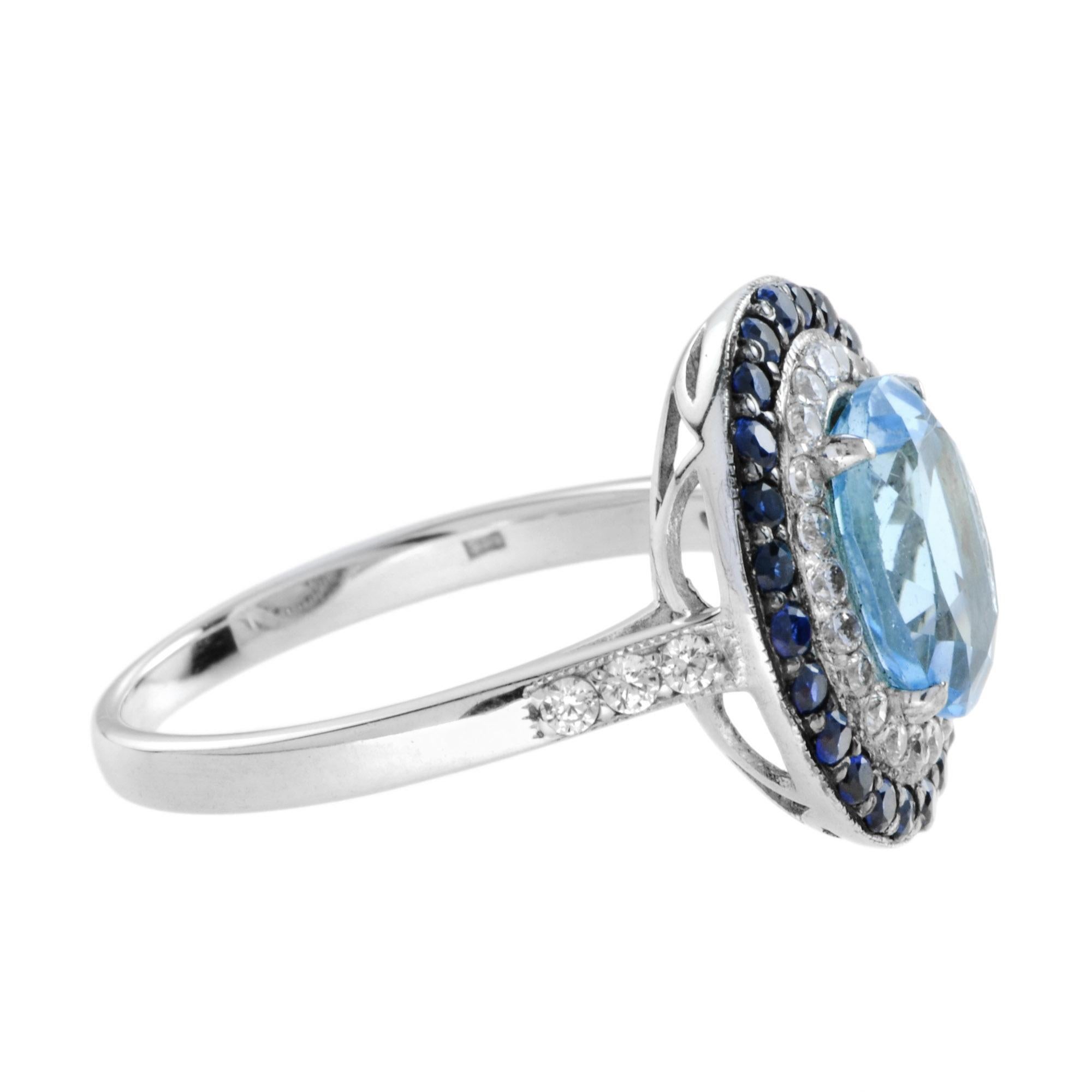 Art Deco Stil Oval Blauer Topas Blauer Saphir Diamant Double Halo Weißgold Ring (Art déco) im Angebot