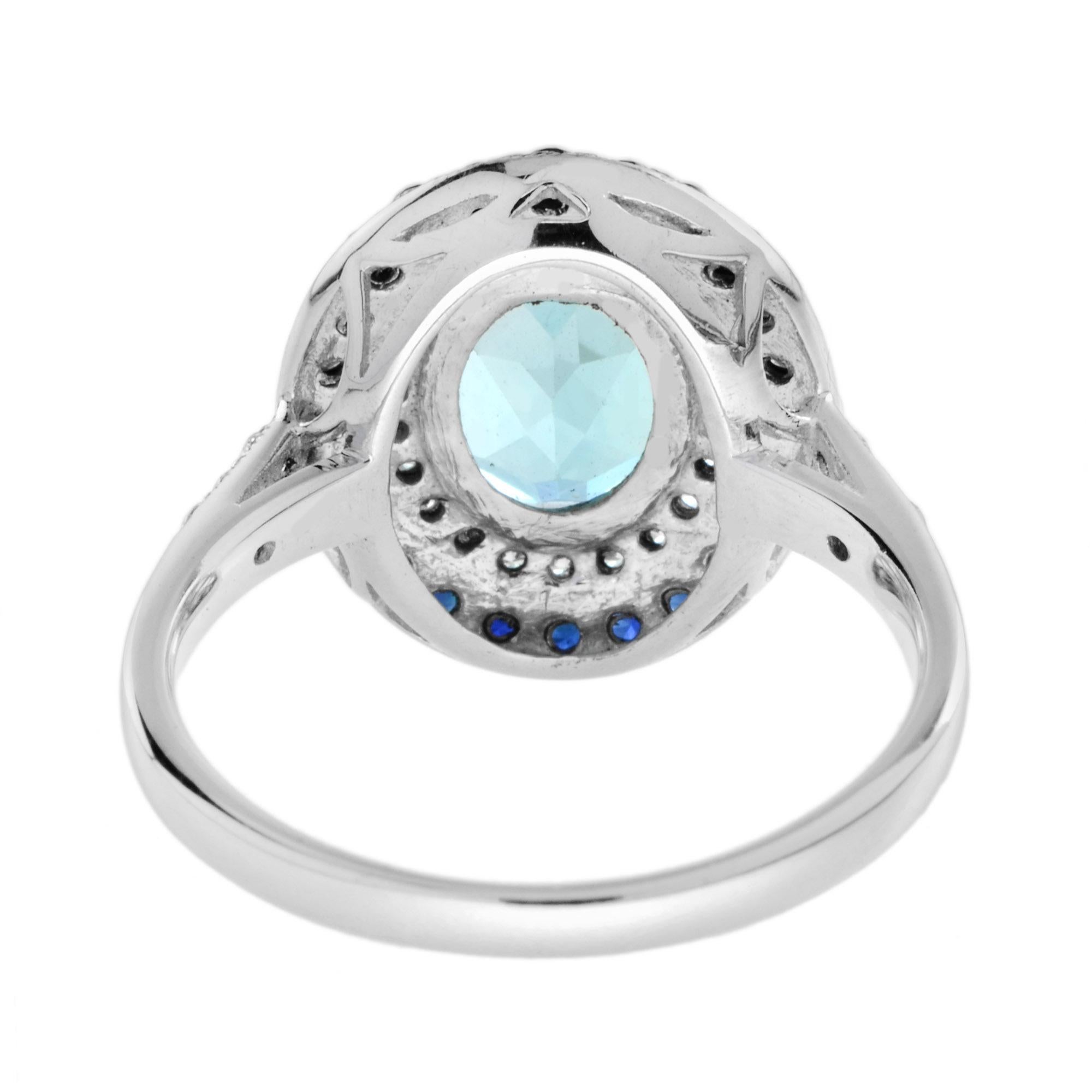 Art Deco Stil Oval Blauer Topas Blauer Saphir Diamant Double Halo Weißgold Ring (Ovalschliff) im Angebot