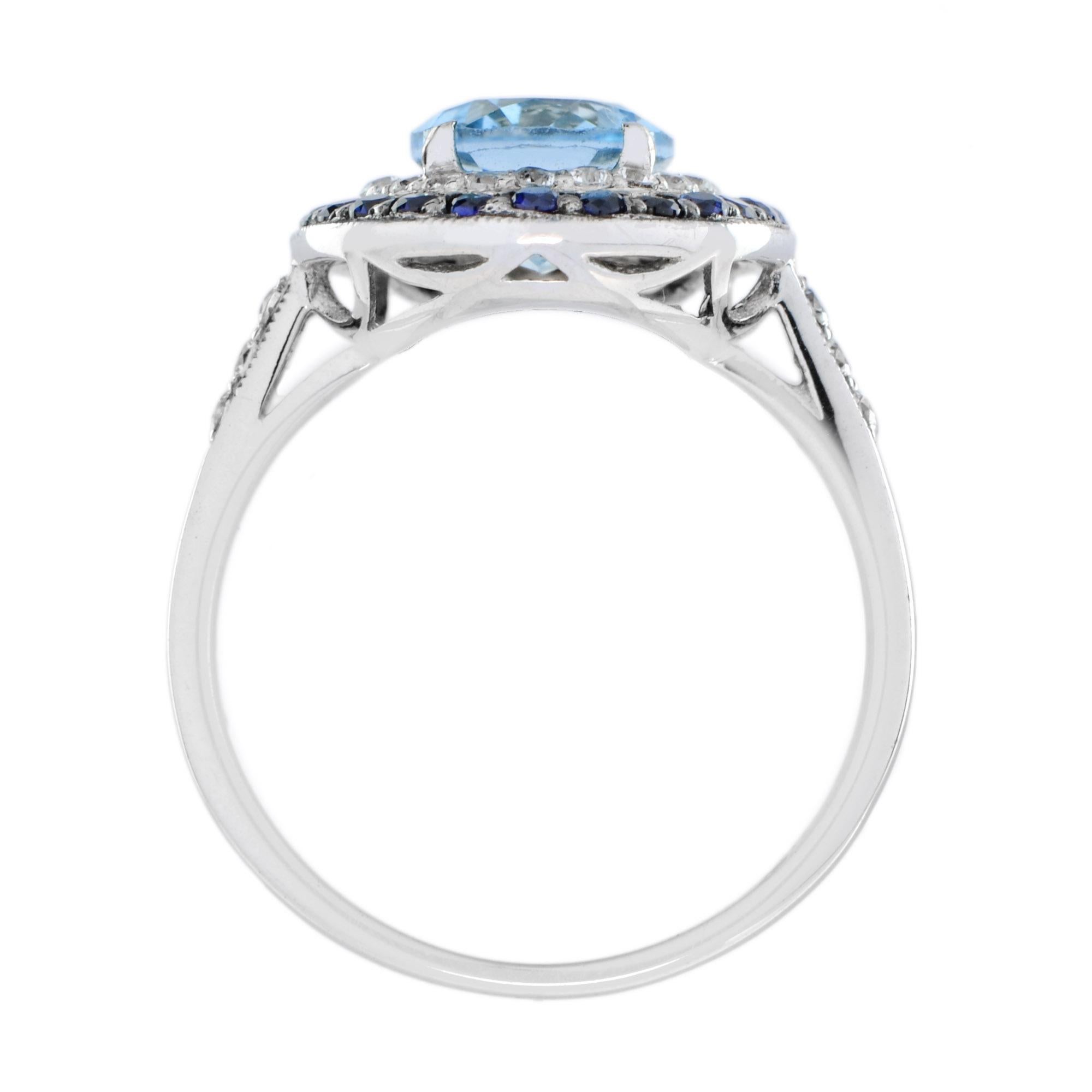 Art Deco Stil Oval Blauer Topas Blauer Saphir Diamant Double Halo Weißgold Ring im Zustand „Neu“ im Angebot in Oakton, VA