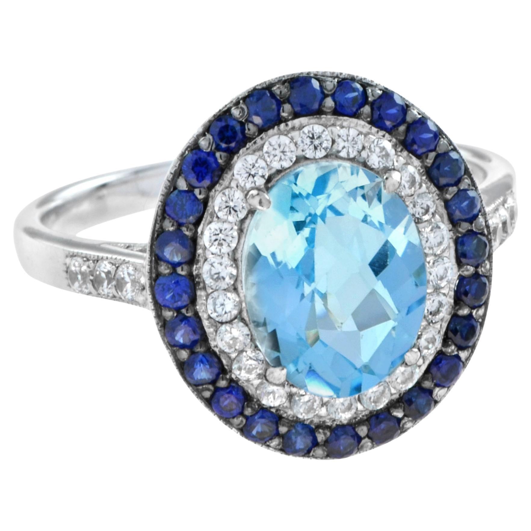 Art Deco Style Oval Blue Topaz Blue Sapphire Diamond Double Halo White Gold Ring