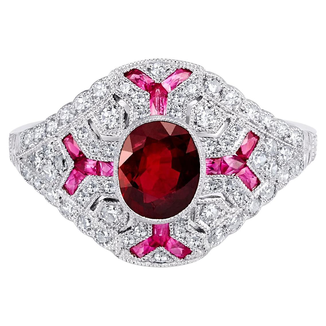 Art Deco Style Oval Cut 0.86 Ct Ruby Diamond 1.46 TCW Platinum Engagement Ring For Sale