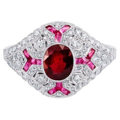 Art Deco Style Oval Cut 0.86 Ct Ruby Diamond 1.46 TCW Platinum Engagement Ring
