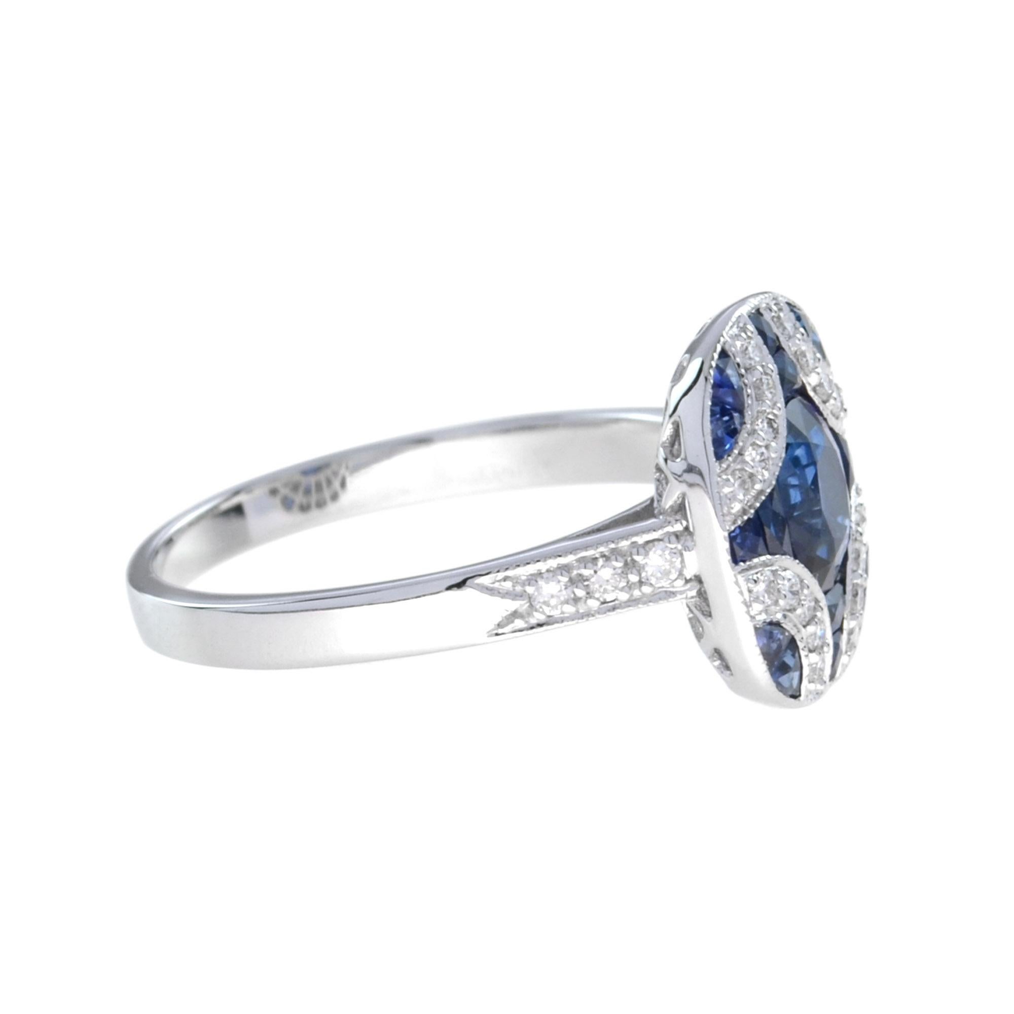 Art Deco Style Oval Cut Blue Sapphire & Diamond Vintage Inspired White Gold Ring In New Condition For Sale In Oakton, VA