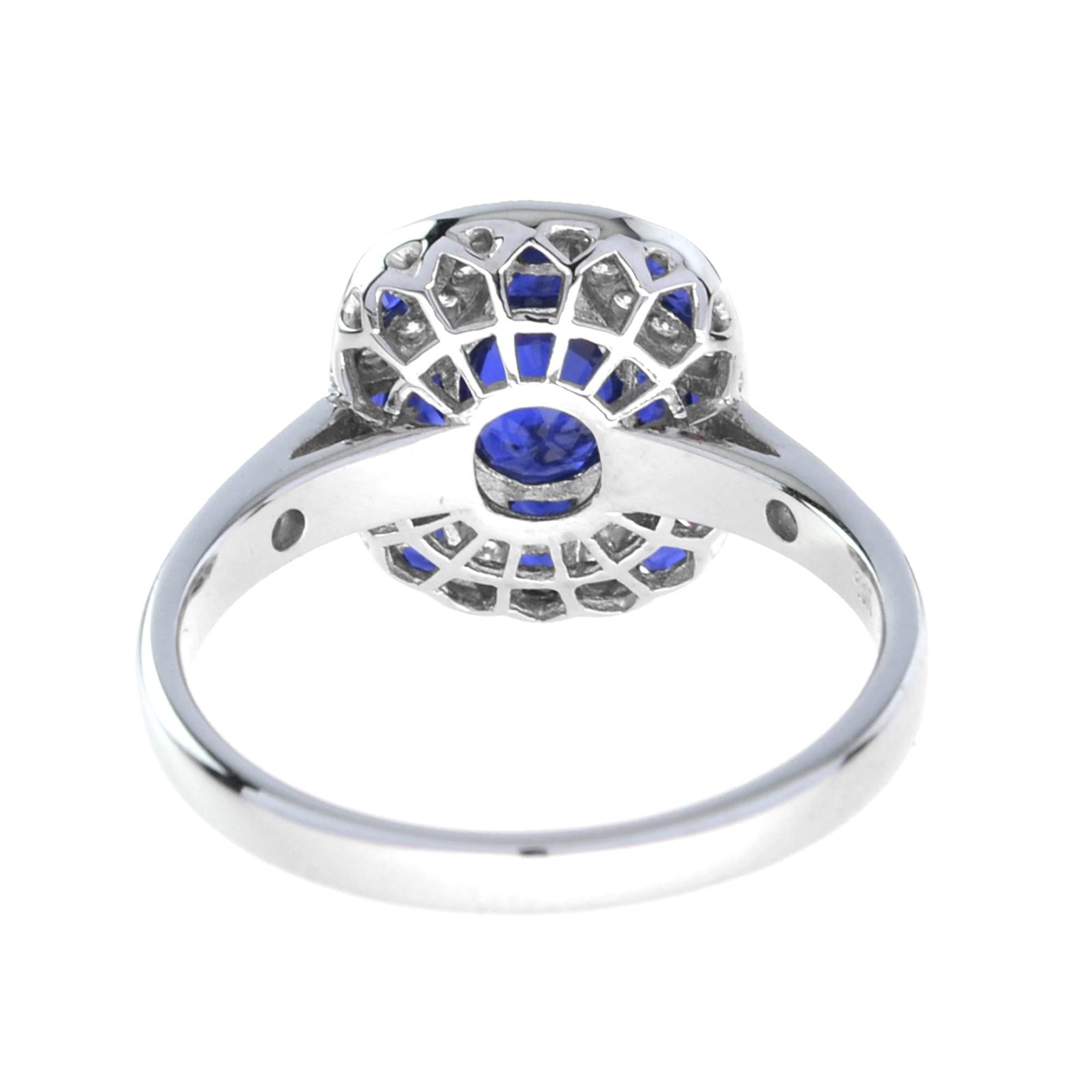 Women's Art Deco Style Oval Cut Blue Sapphire & Diamond Vintage Inspired White Gold Ring For Sale