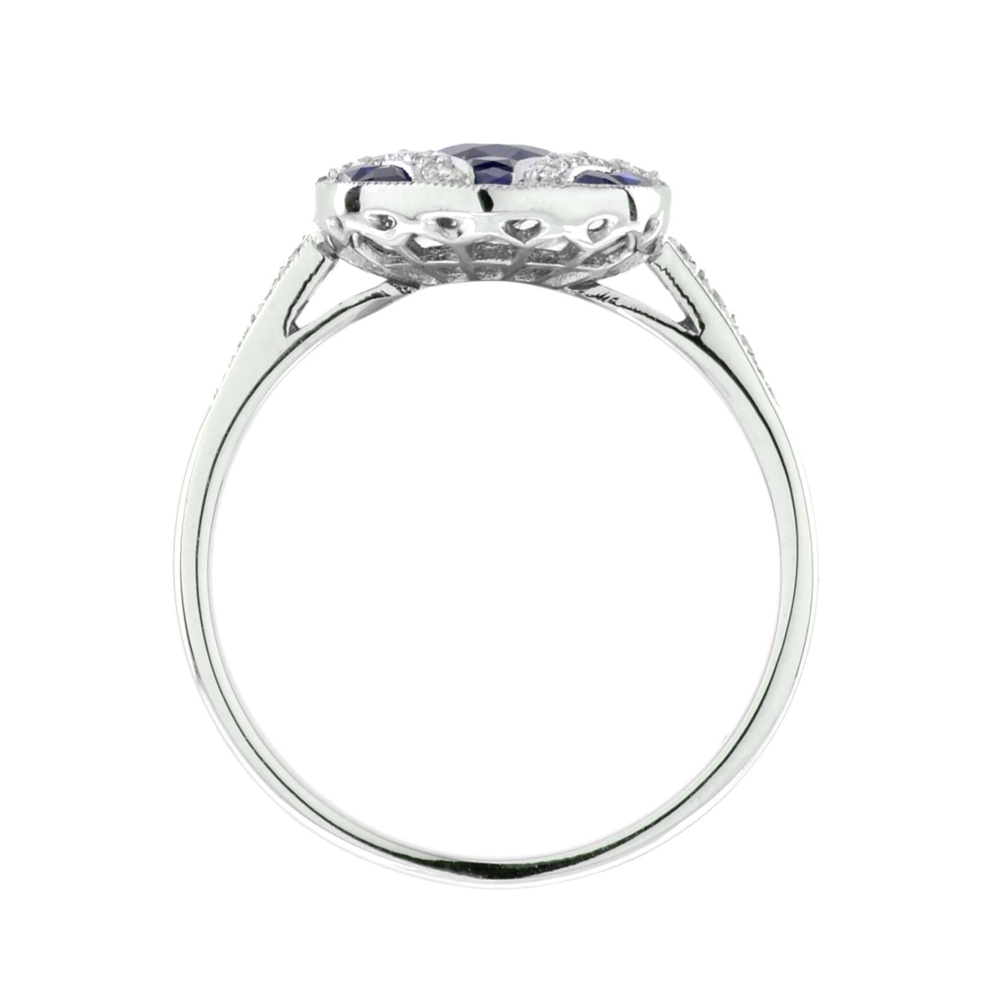 Art Deco Style Oval Cut Blue Sapphire & Diamond Vintage Inspired White Gold Ring For Sale 1